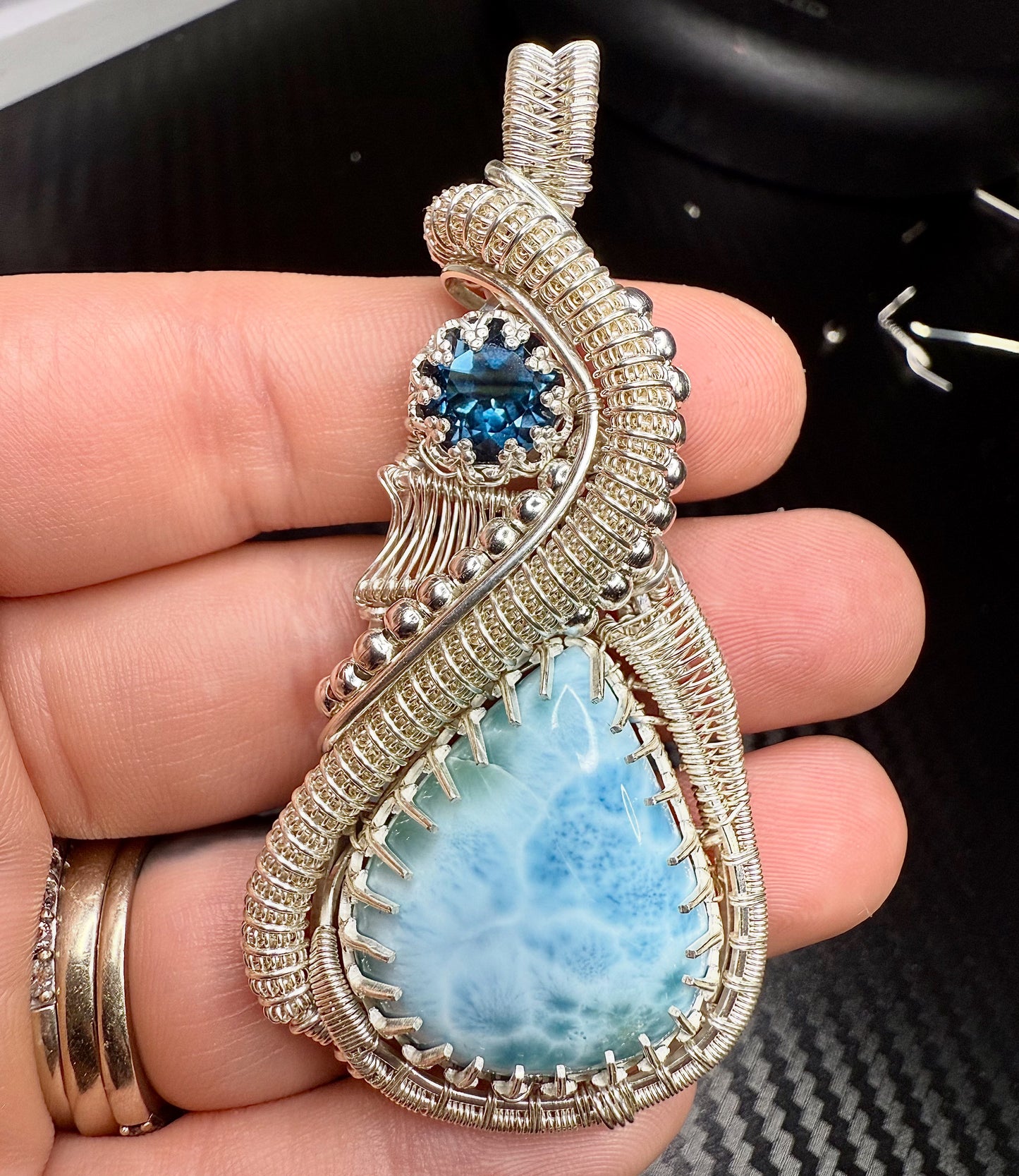 ZZ12) Larimar & London Blue Topaz Pendant Necklace In Sterling Silver