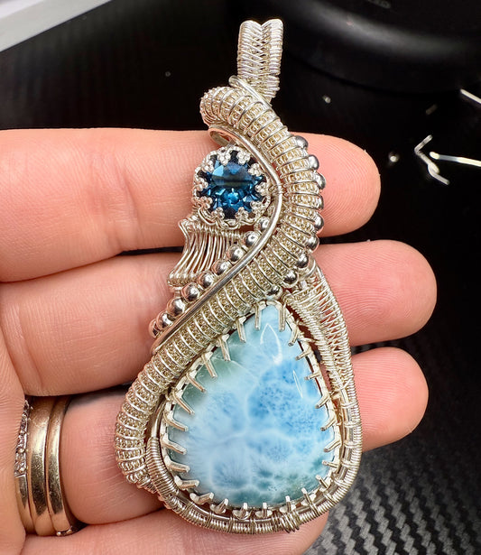 ZZ12) Larimar & London Blue Topaz Pendant Necklace In Sterling Silver