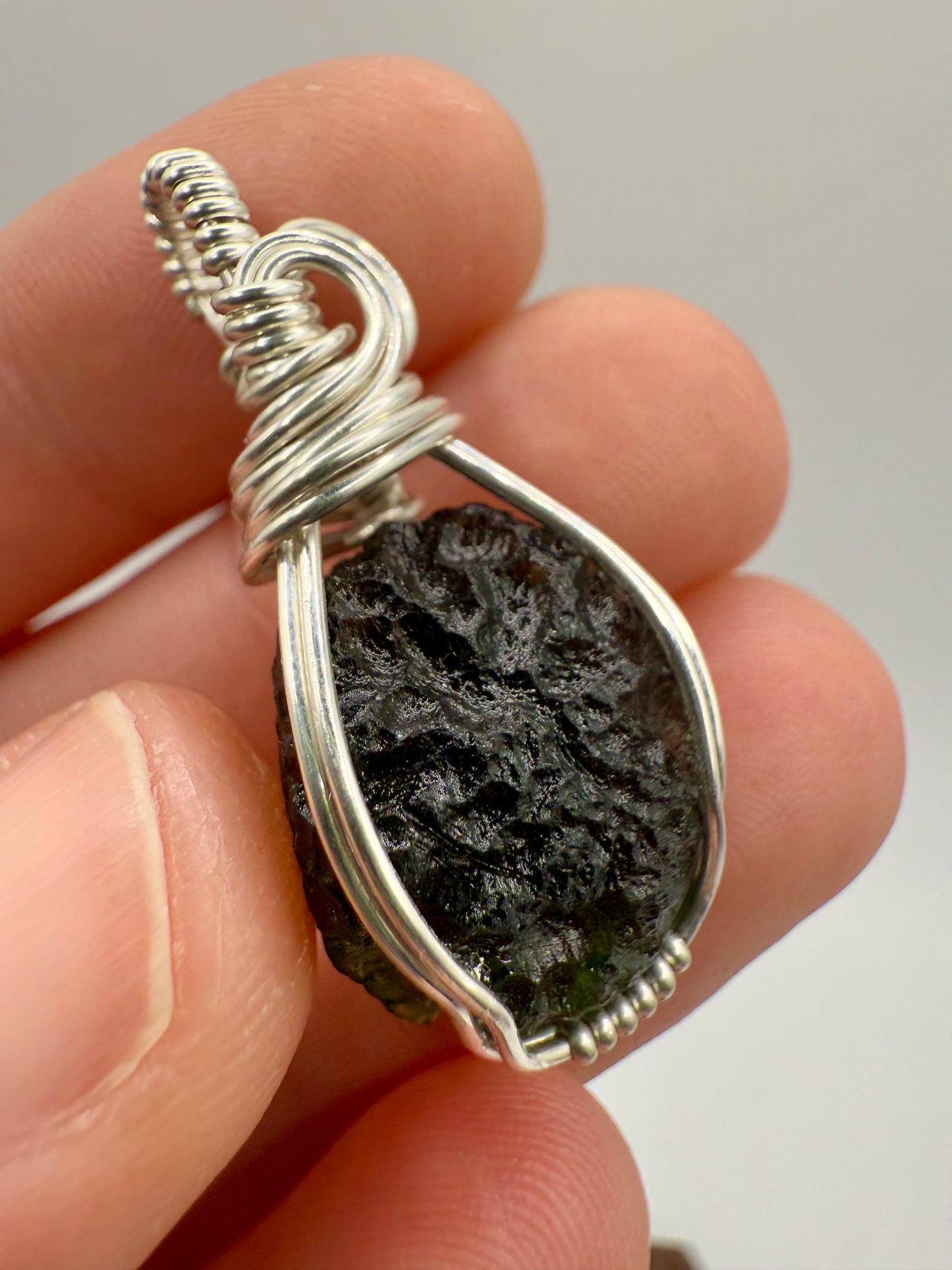 B112) Moldavite Pendant In Sterling Silver