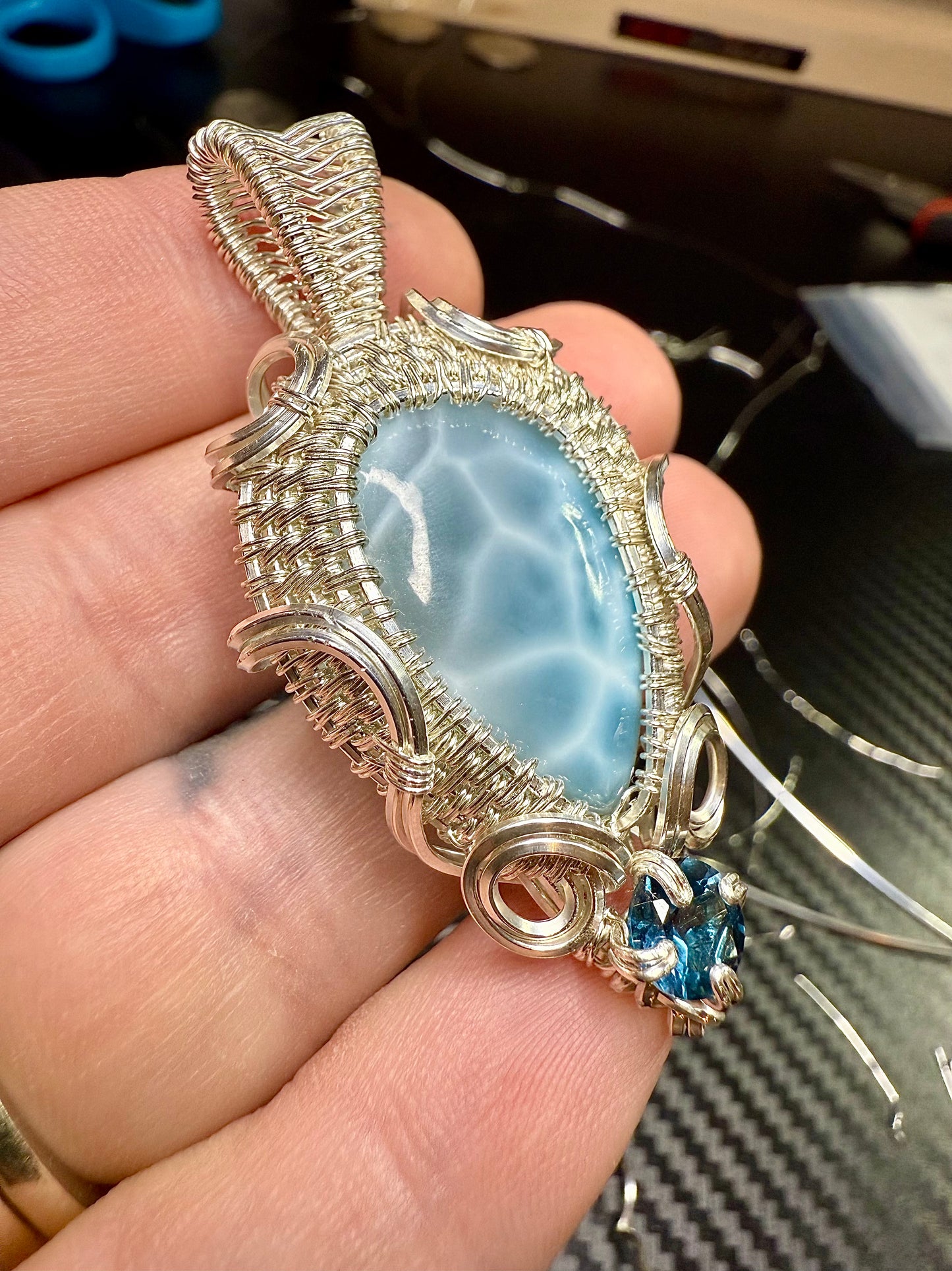 G112) Natural Larimar & London Blue Topaz In Sterling Silver Pendant Necklace