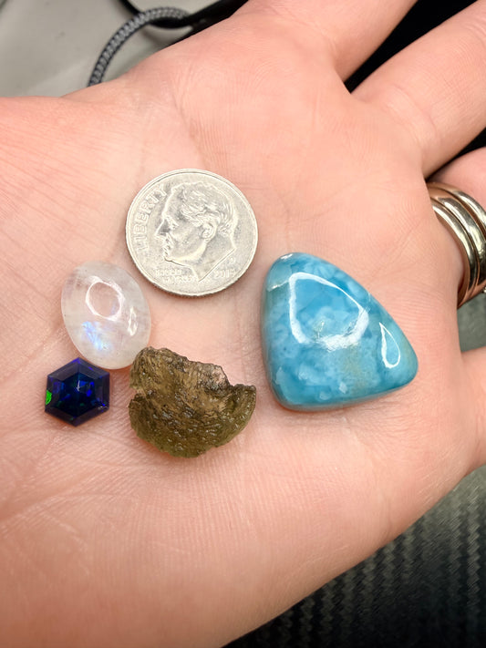 4 Piece Crystal Bundle – Moldavite, Larimar, Moonstone & Opal Set, Spiritual Healing Stones, Intuitive Gemstone Collection