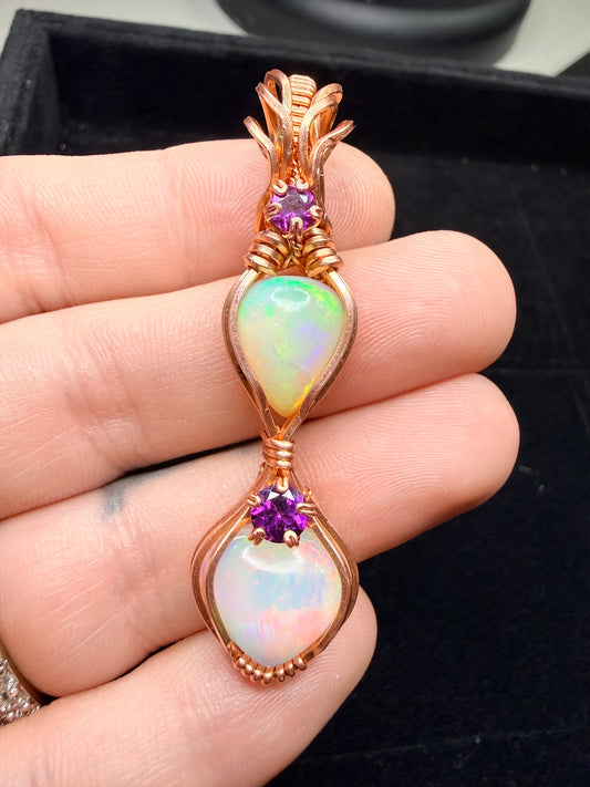 Double Ethiopian Welo Opal & Comeria Garnet Pendant In Copper
