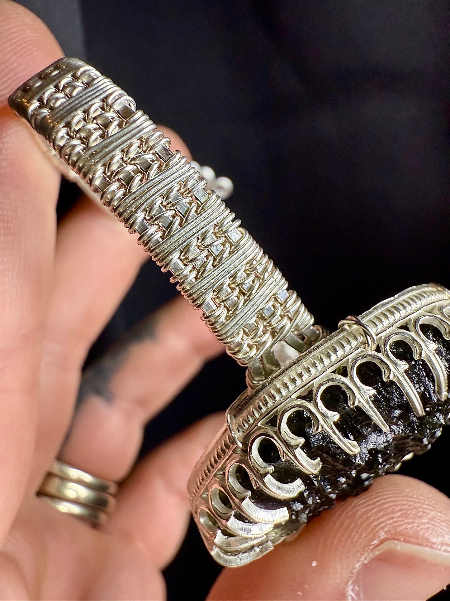 F112) Large Moldavite Bracelet In Sterling Silver