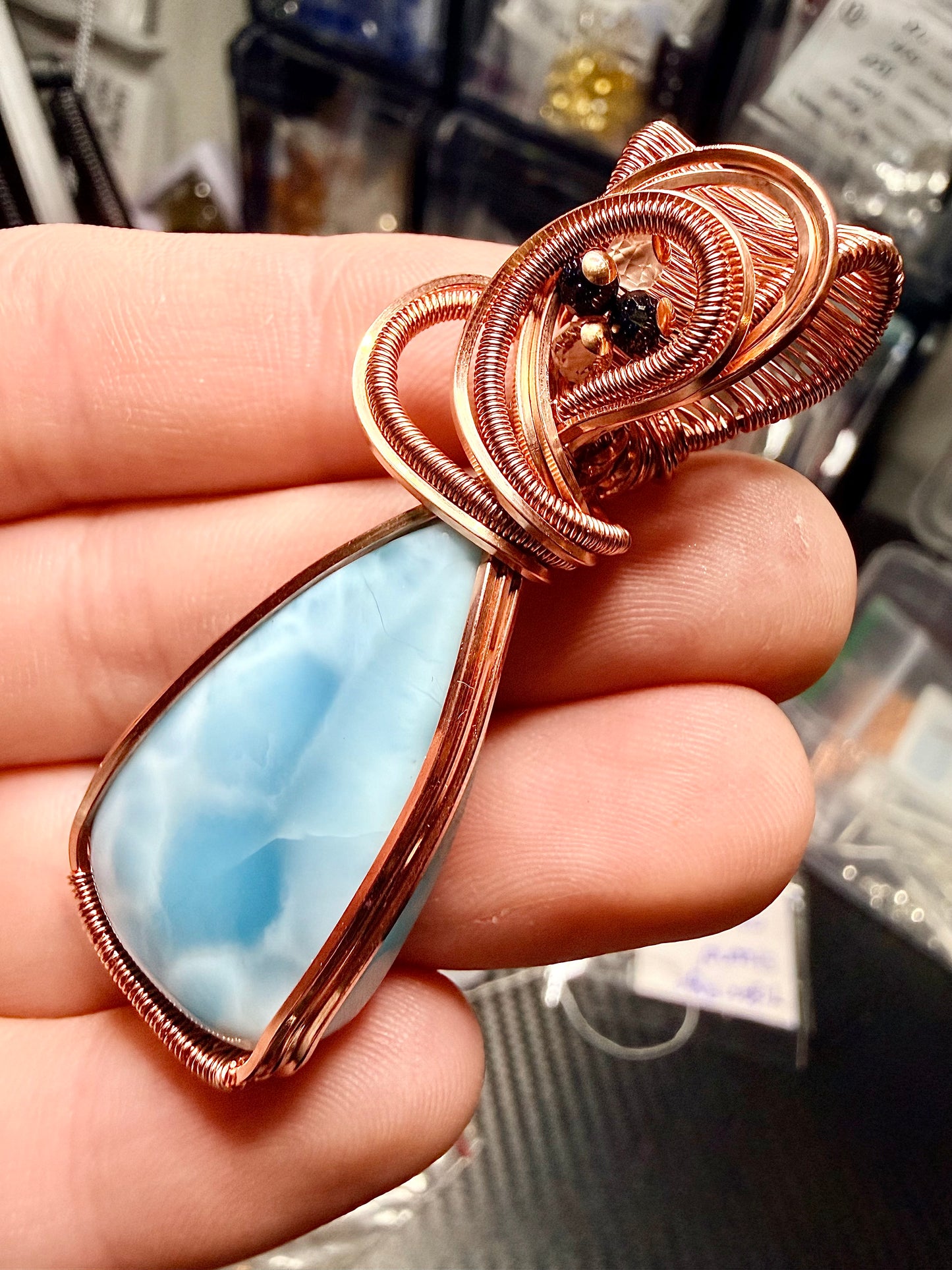 Larimar Pendant In Copper With Blue GoldStone & Clear Quartz Accents