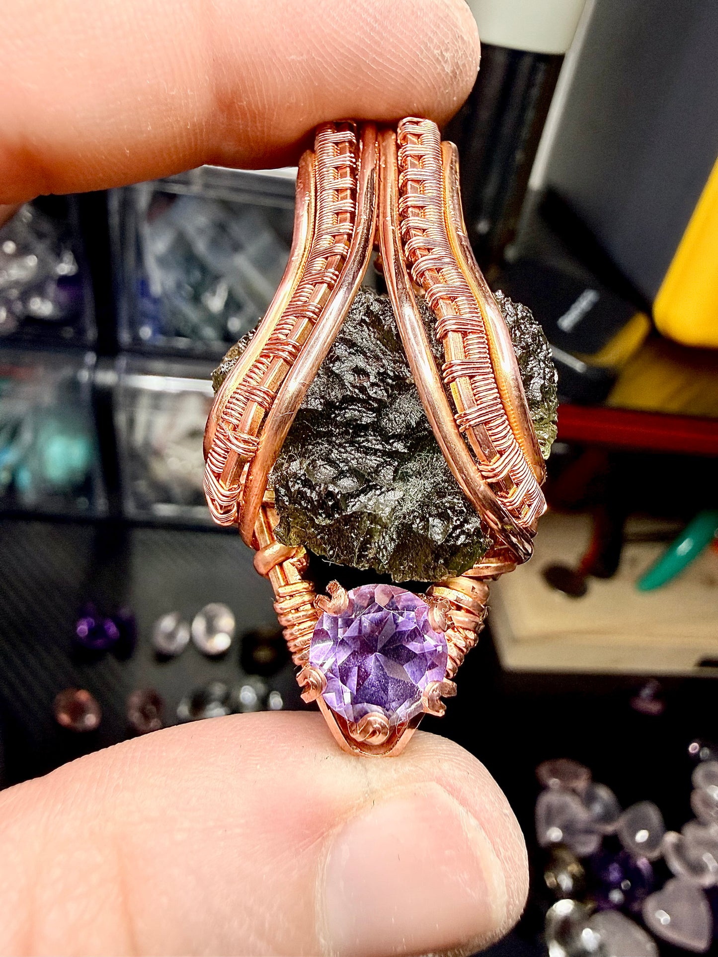 1MSS) Moldavite & Amethyst In Copper Pendant