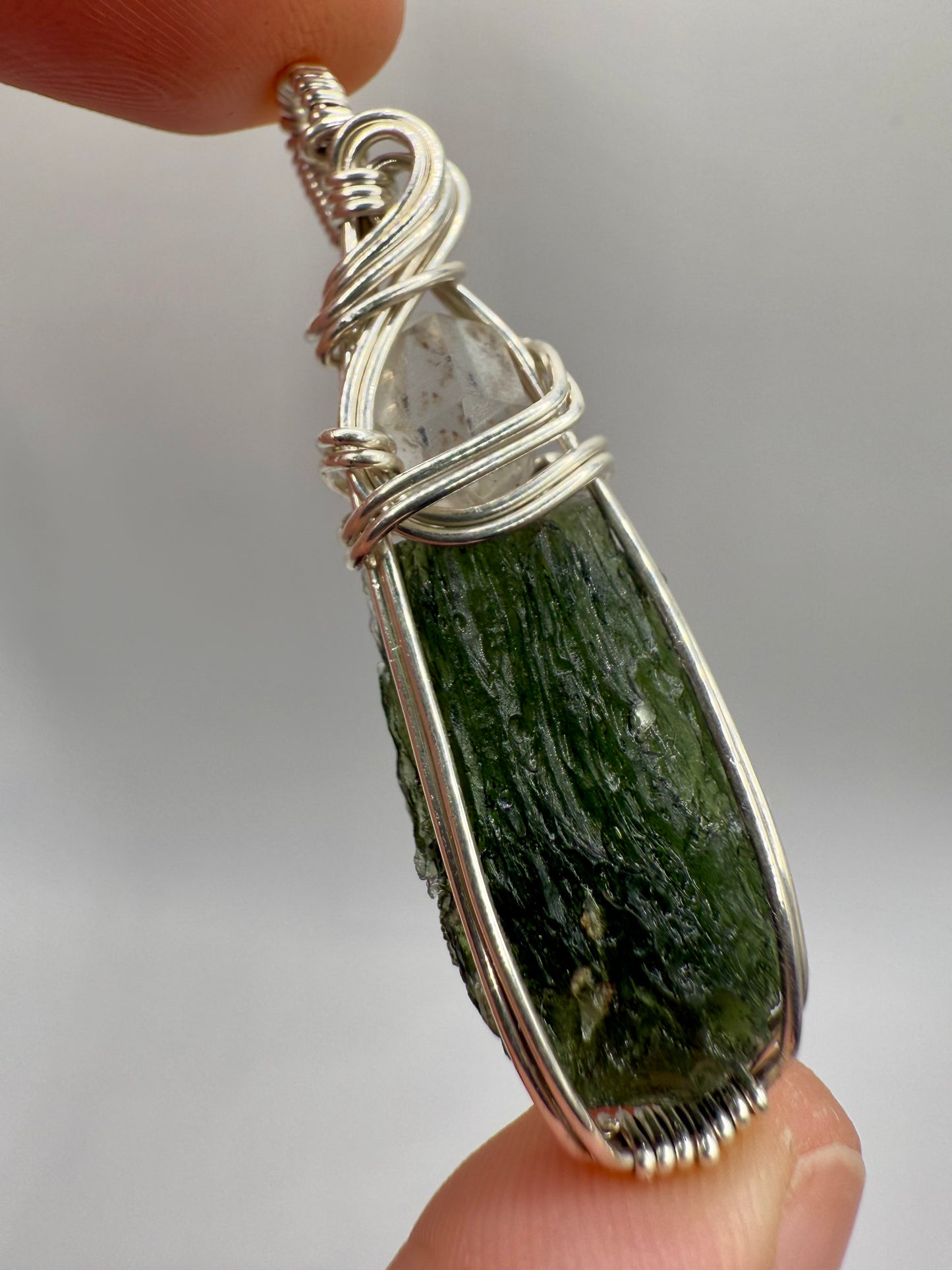 C11) Krasejovka Moldavite & Herkimer Diamond Pendant Necklace In Sterling Silver