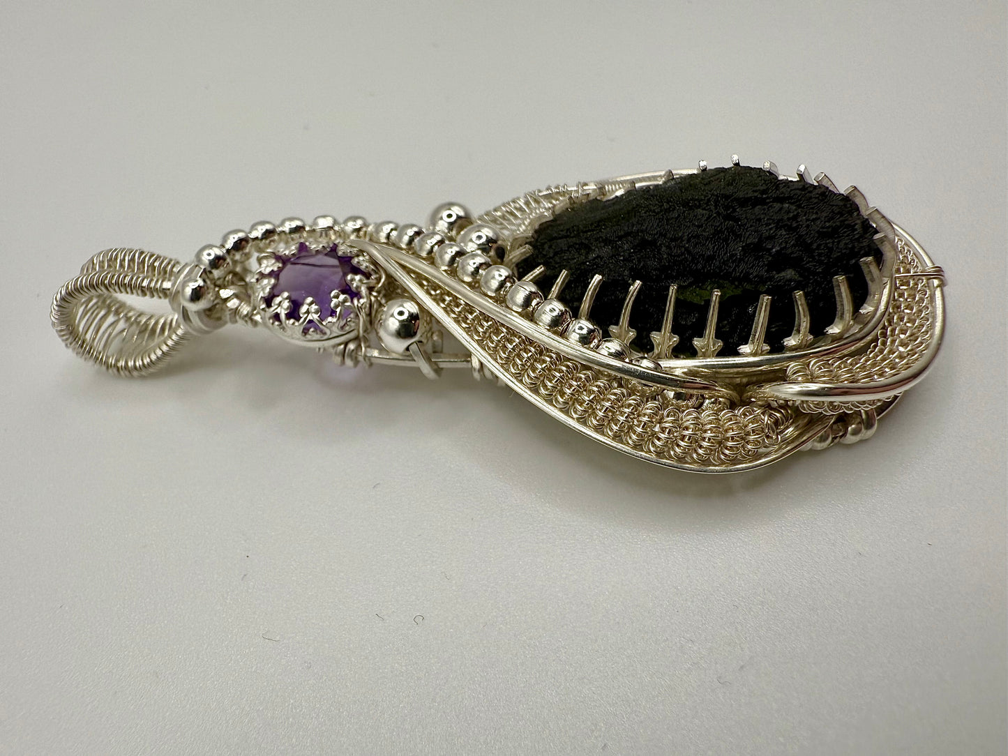 GG33) Moldavite & Amethyst Pendant Necklace In Sterling Silver
