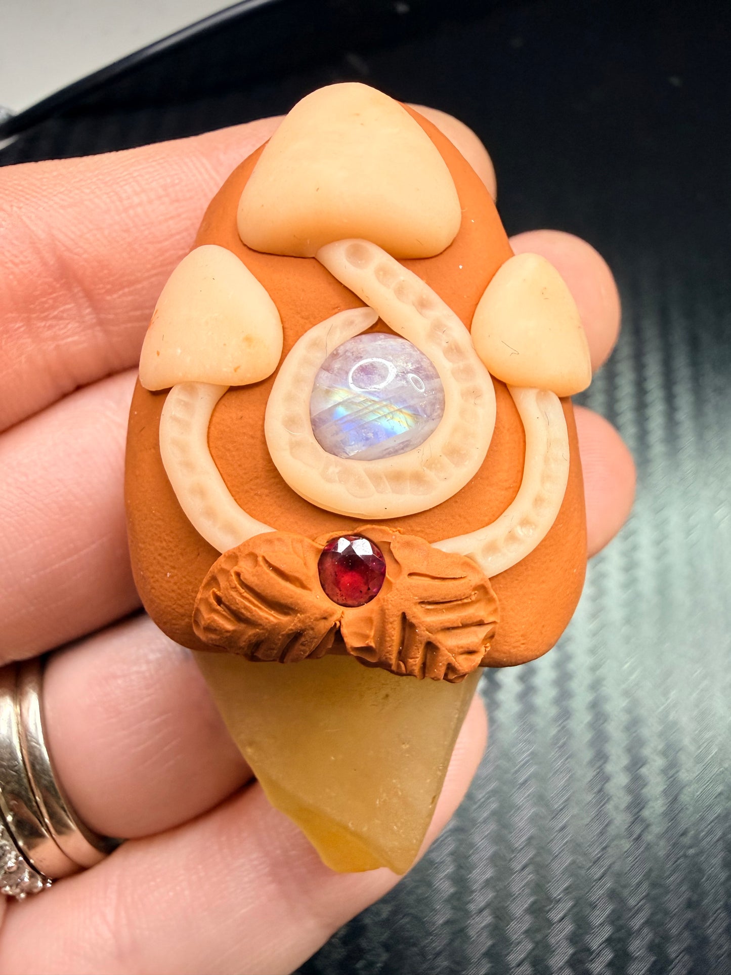 Libyan Desert Glass, Moonstone & Garnet Talisman – Mushroom Spirit Pendant – Handmade Solar & Divine Feminine Energy Amulet