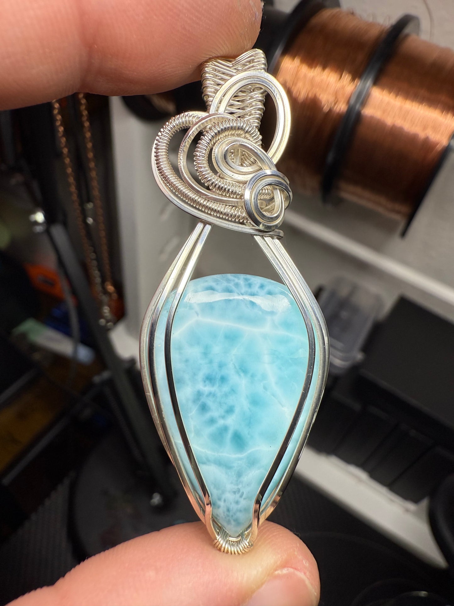 C112) Large Larimar Pendant Necklace In Sterling Silver