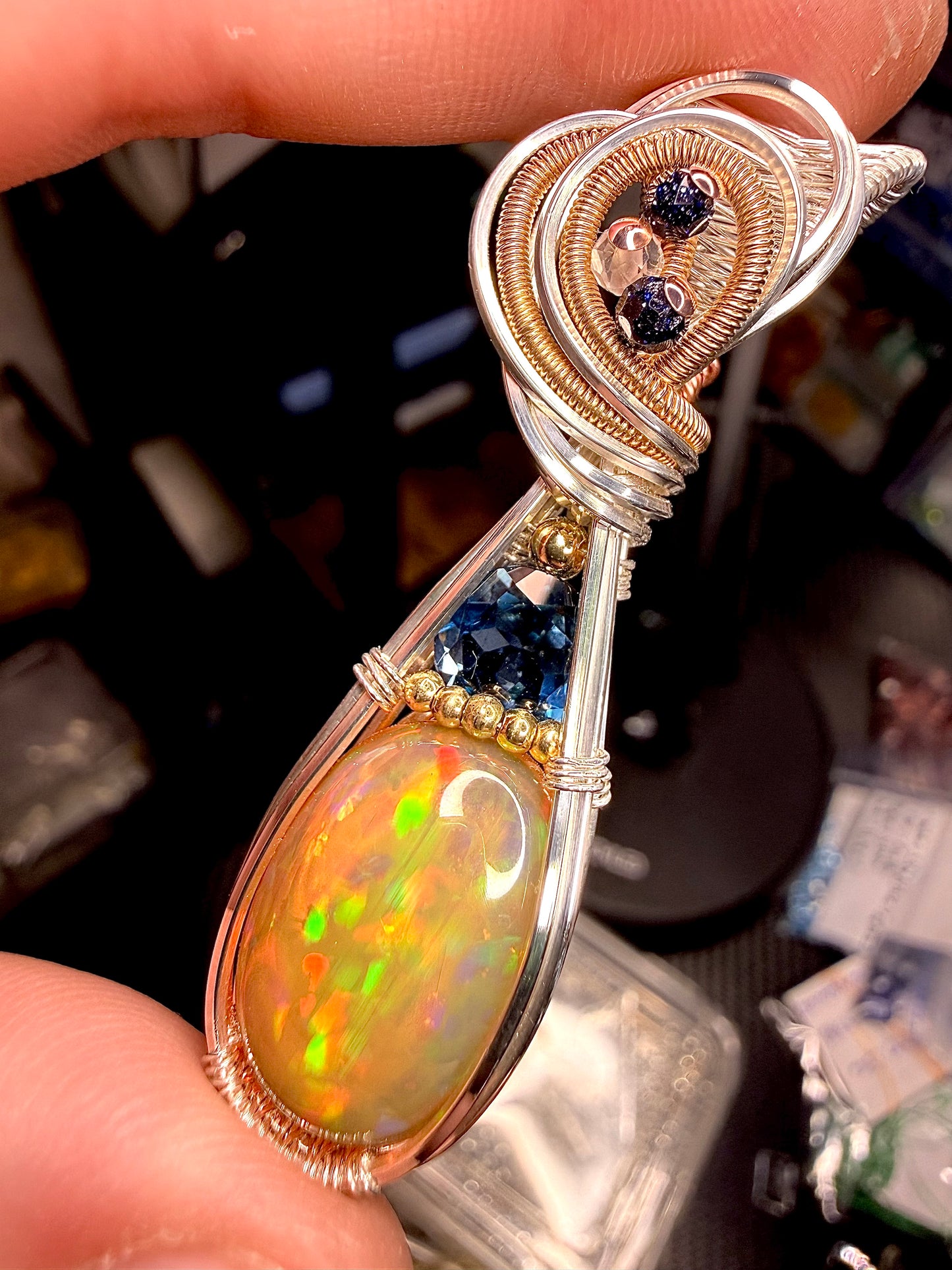 Opal & London Blue Topaz With Blue Goldstone & Clear Quartz Accents In Three Metals Silver, 14k GF, & Copper accents.