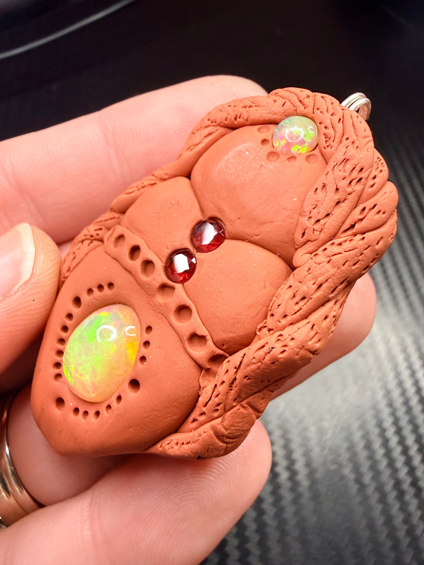 Goddess Talisman Necklace | Opal & Garnet Crystal Pendant | Divine Feminine Jewelry | Handmade Clay Spiritual Amulet | Passion & Heart Energy