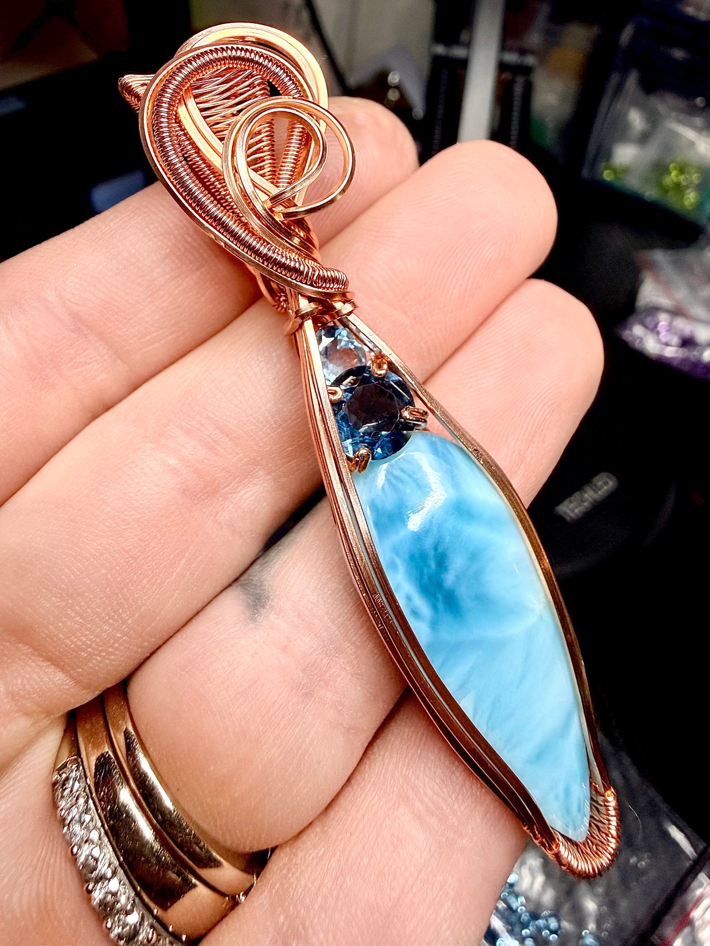 Larimar Pendant In Copper With London Blue Topaz & Sky Blue Topaz Accents