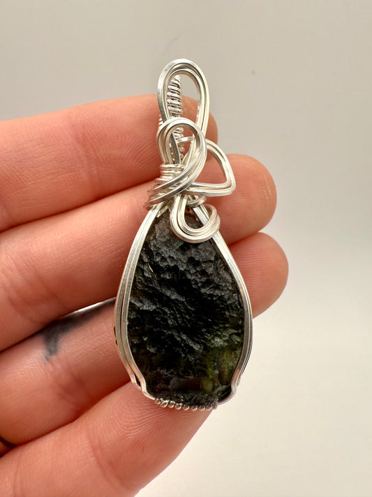 P112) Moldavite Pendant Necklace In Sterling Silver
