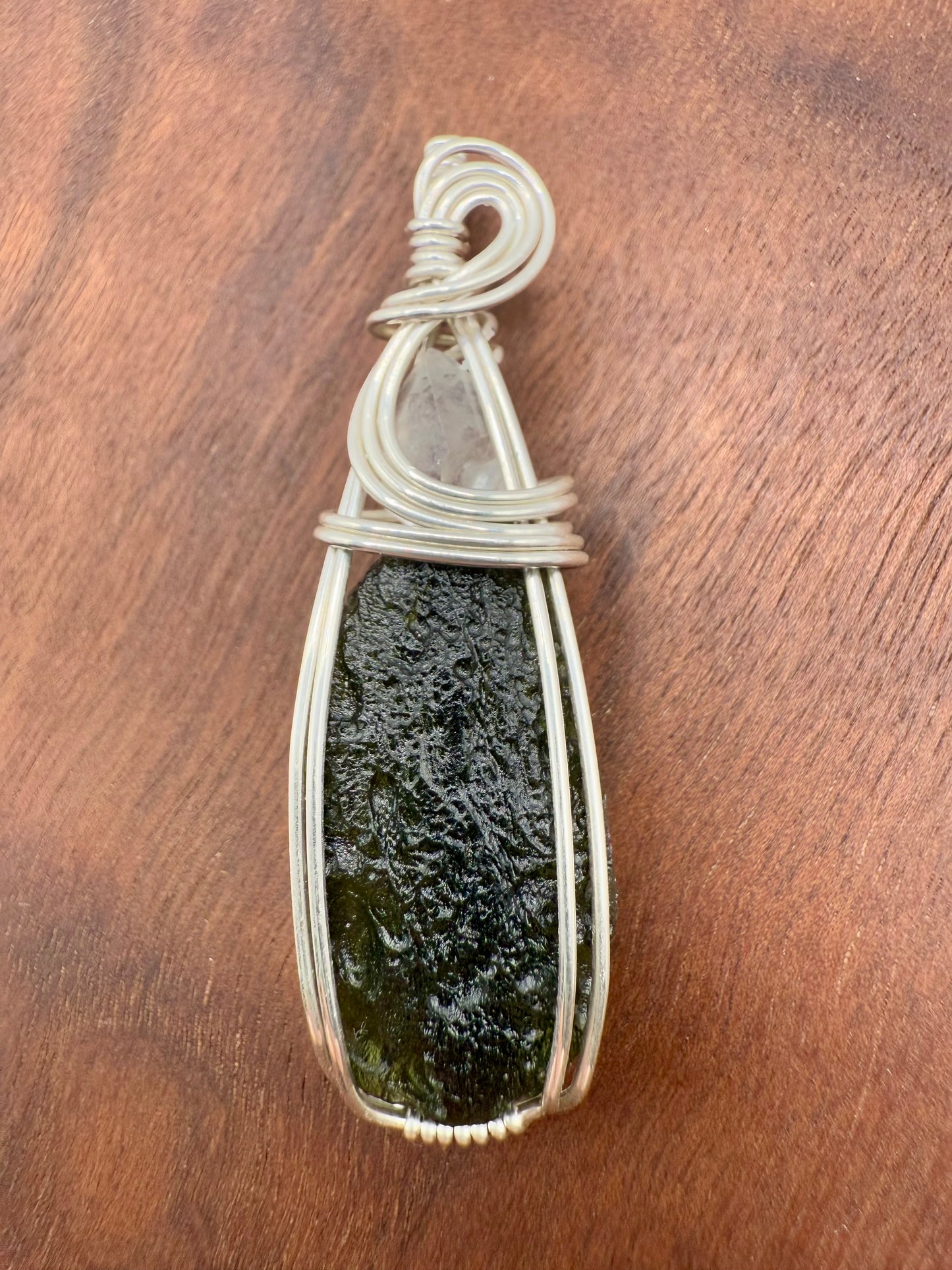 C11) Chlum Moldavite & Herkimer Diamond Pendant Necklace In Sterling Silver