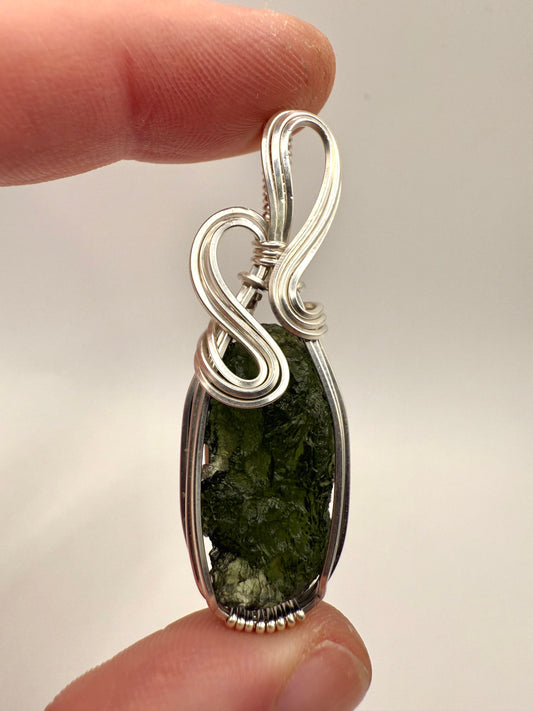 P112) Moldavite Pendant Necklace In Sterling Silver