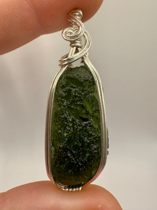 C112) Moldavite Pendant Necklace In Sterling Silver