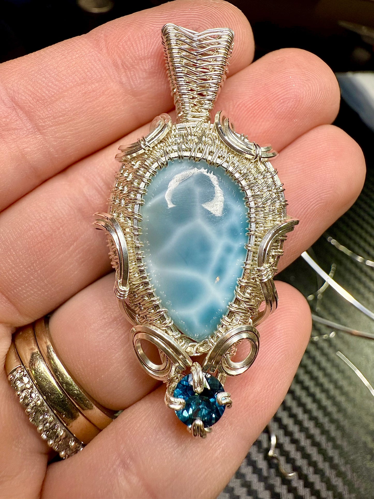 G112) Natural Larimar & London Blue Topaz In Sterling Silver Pendant Necklace