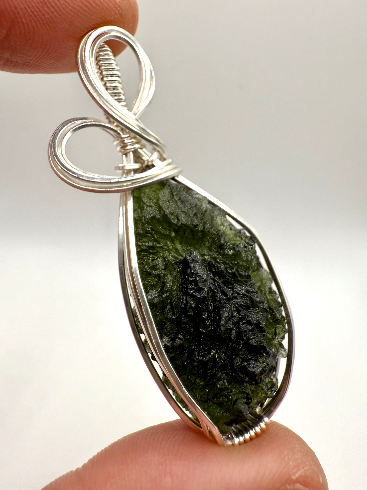 P112) Moldavite Pendant Necklace In Sterling Silver
