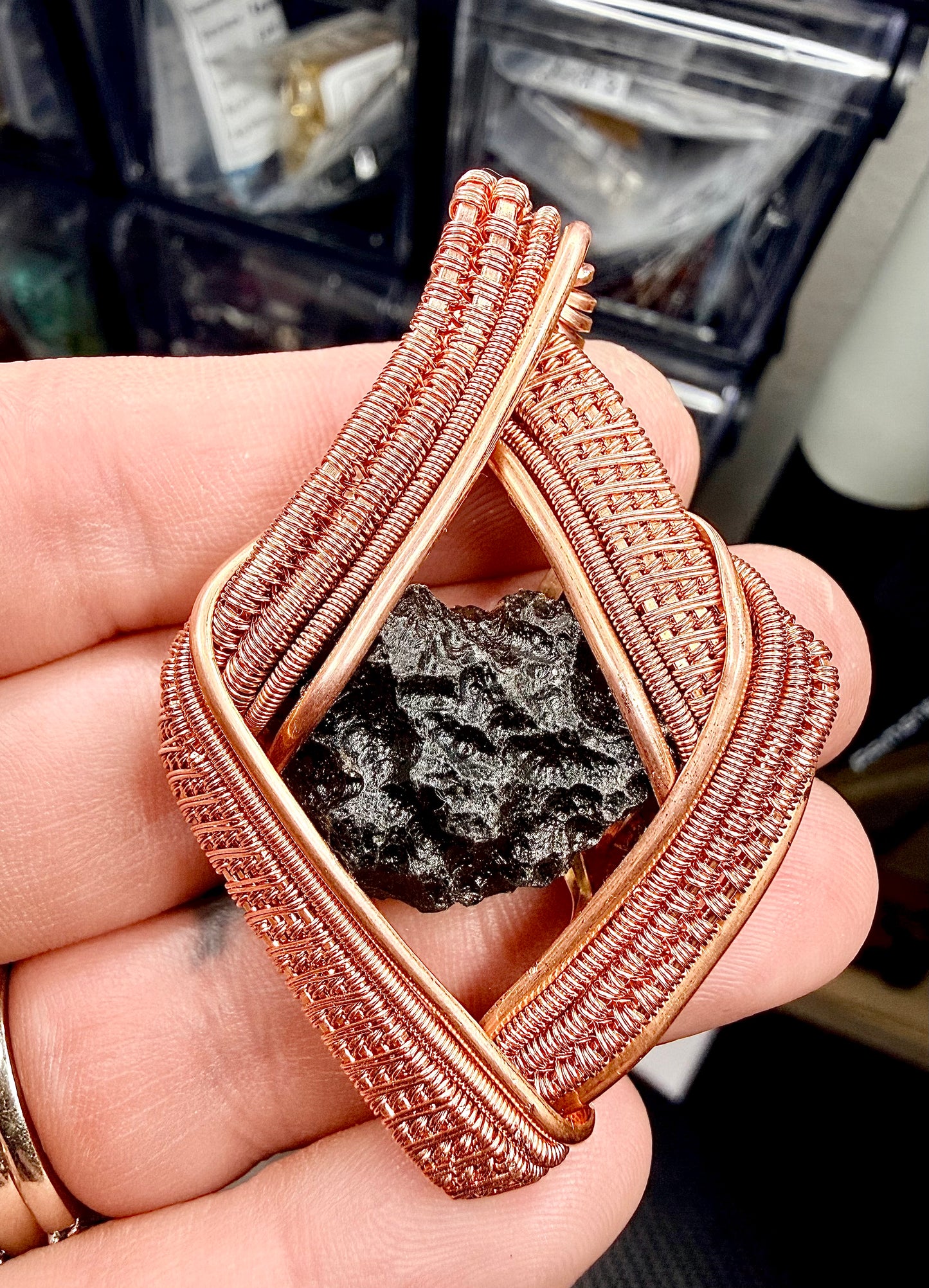 1MSS) Moldavite Pendant In Copper 4.54g