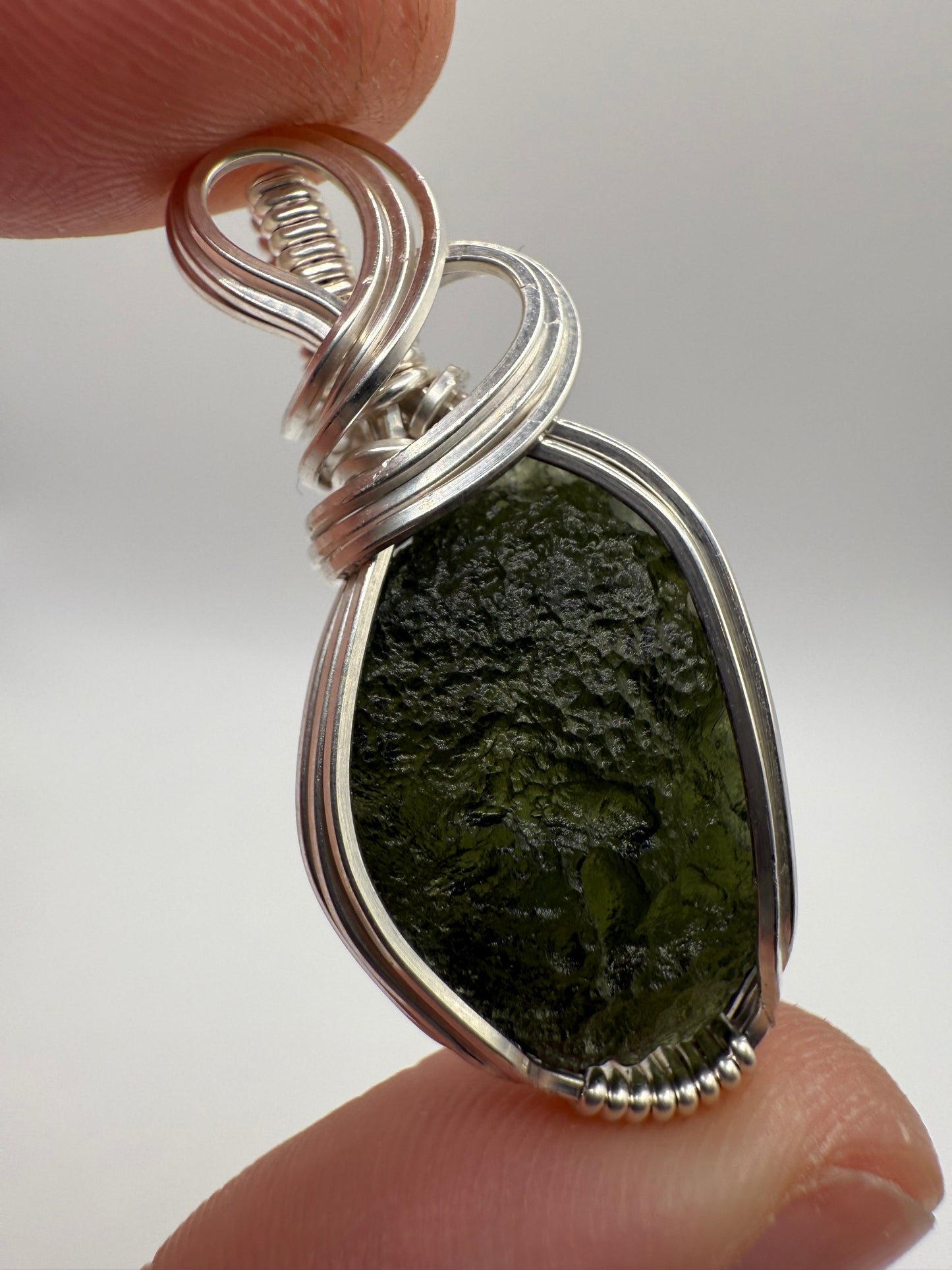 P112) Moldavite Pendant Necklace In Sterling Silver