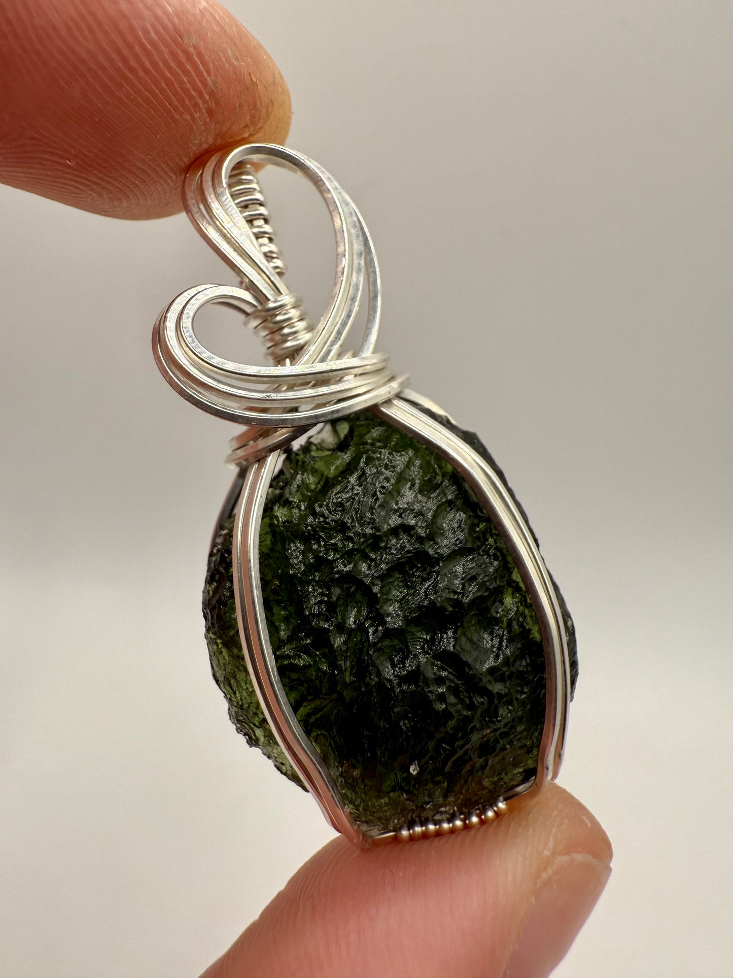 P112) Moldavite Pendant Necklace In Sterling Silver