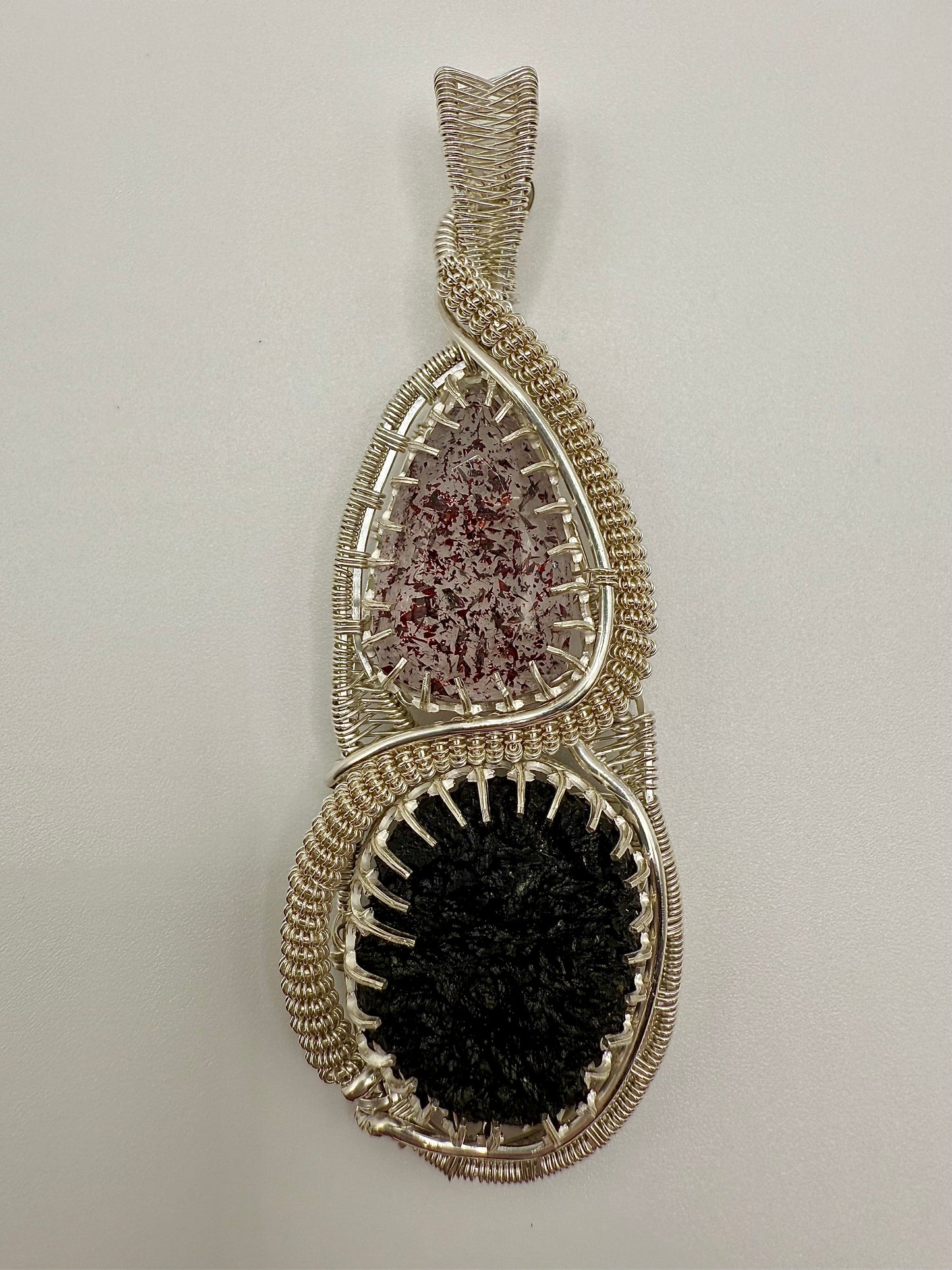 GG33) Large Moldavite & Super 7 Pendant Necklace In Sterling Silver
