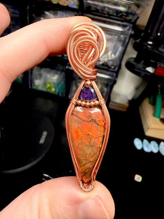 Ammolite pendant with smoked opal in copper