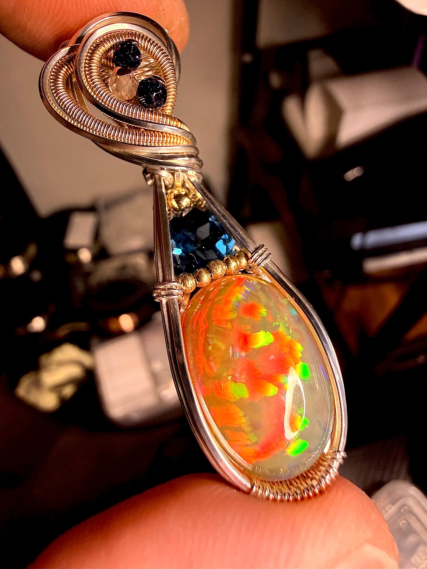 Opal & London Blue Topaz With Blue Goldstone & Clear Quartz Accents In Three Metals Silver, 14k GF, & Copper accents.
