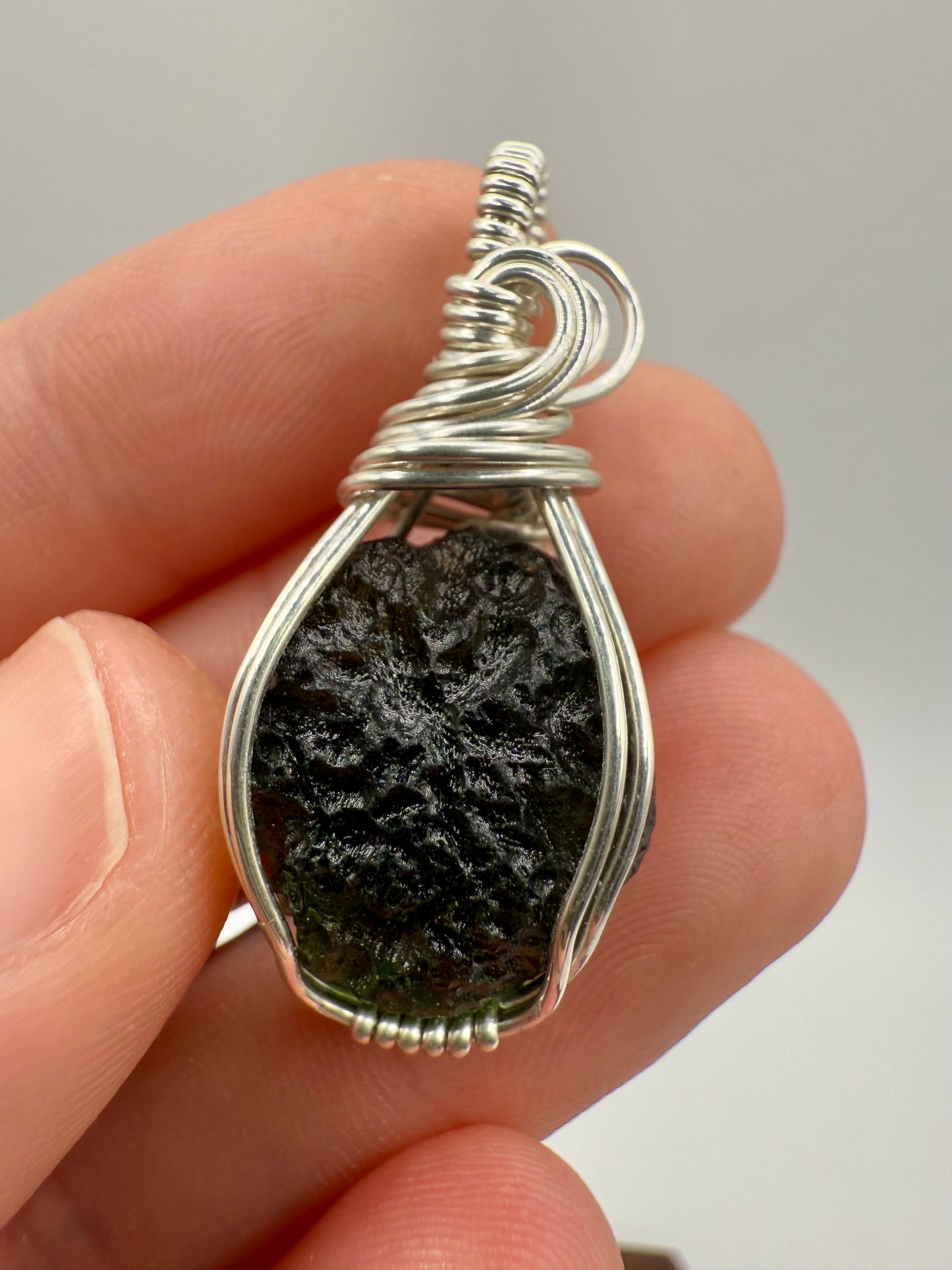 B112) Moldavite Pendant In Sterling Silver