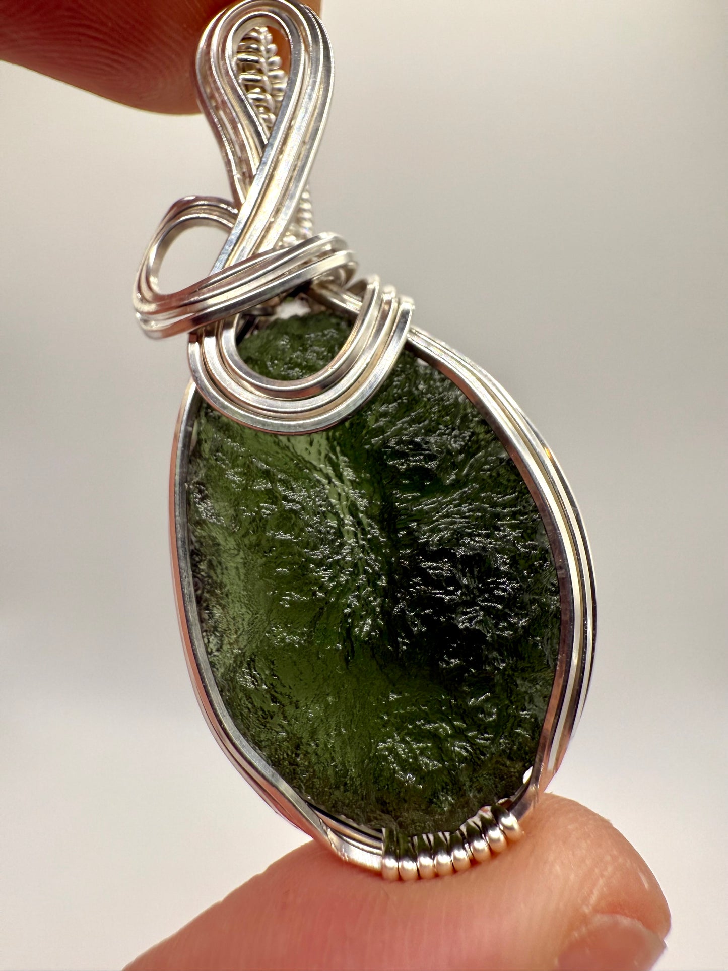 P112) Moldavite Pendant Necklace In Sterling Silver