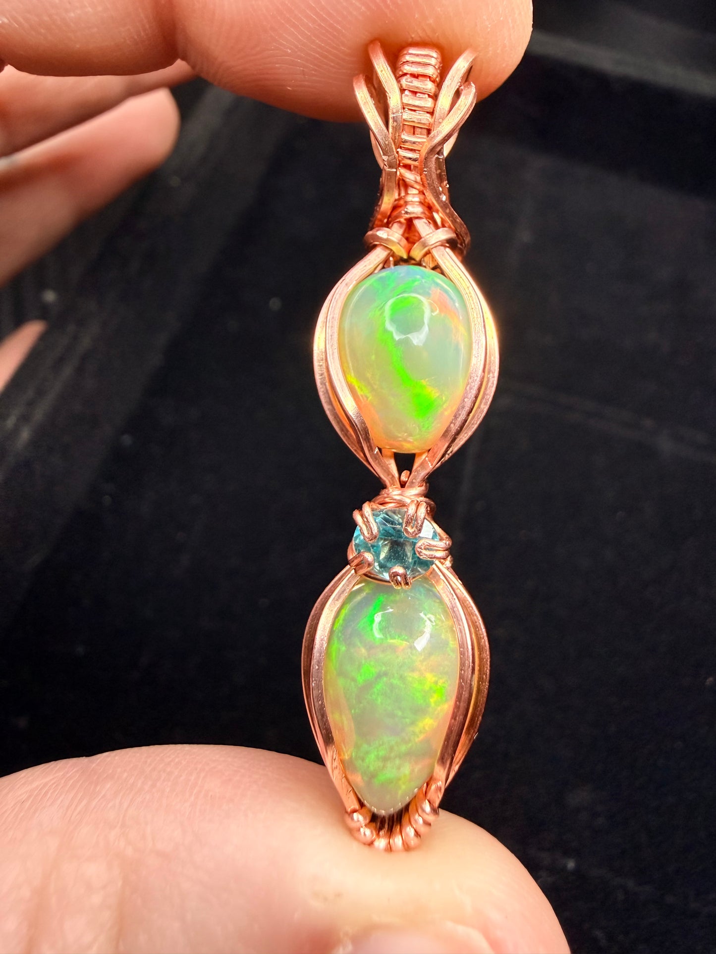 Double Ethiopian Welo Opal & Blue Apatite Pendant In Copper