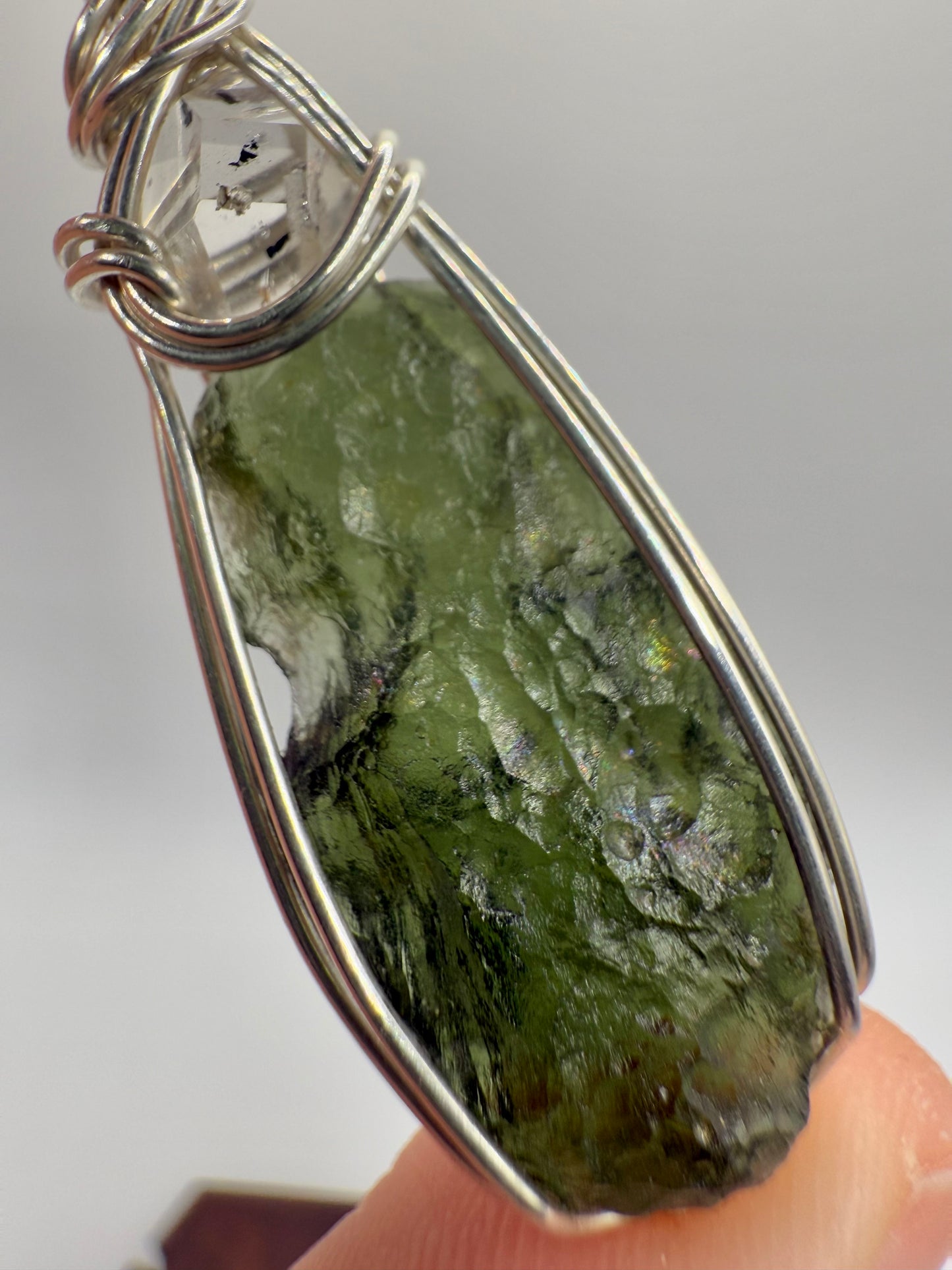 C11) Rainbow Vrabce Moldavite & Herkimer Diamond In Sterling Silver