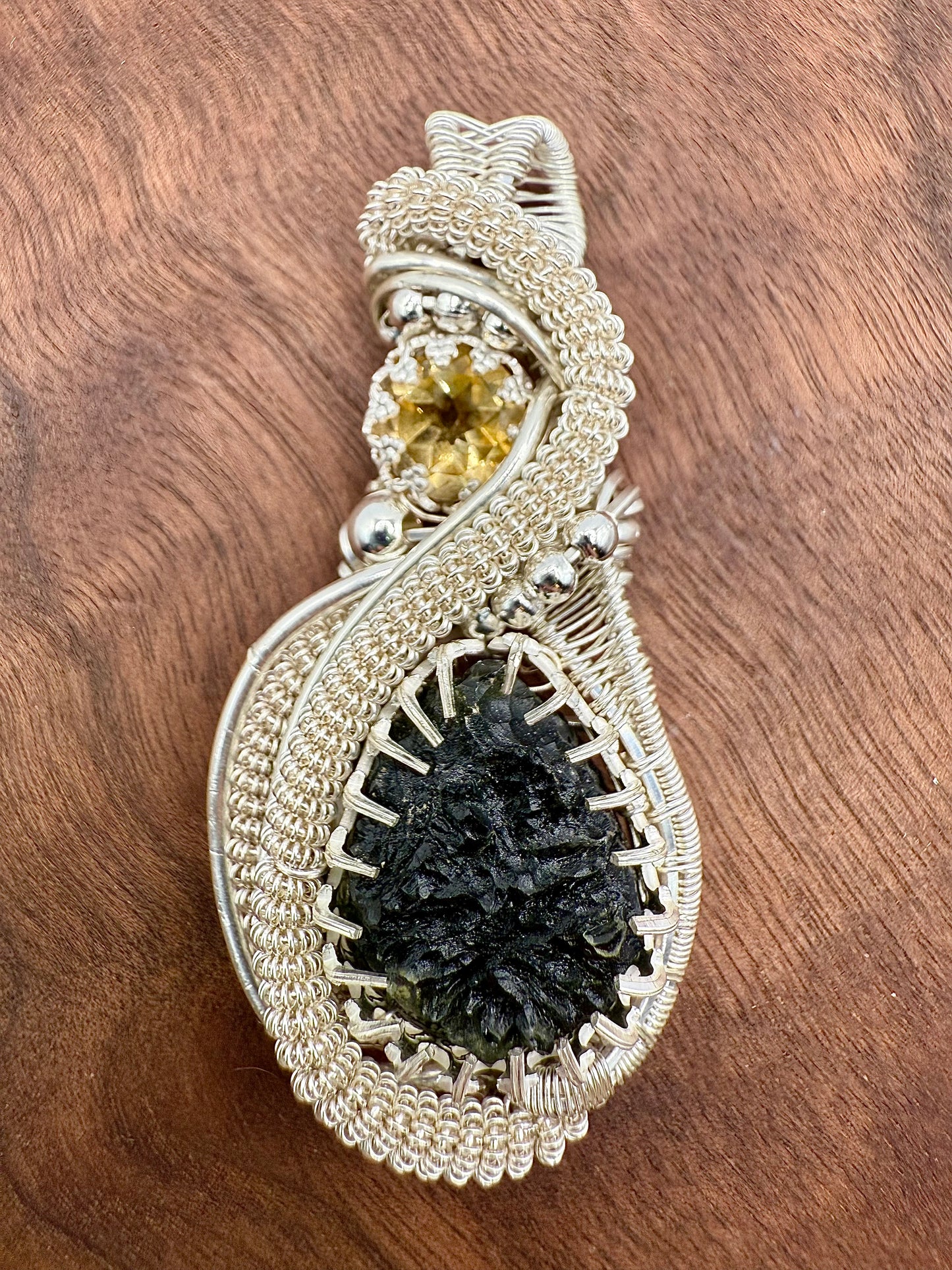 C112) Moldavite & Citrine Pendant Necklace In Sterling Silver