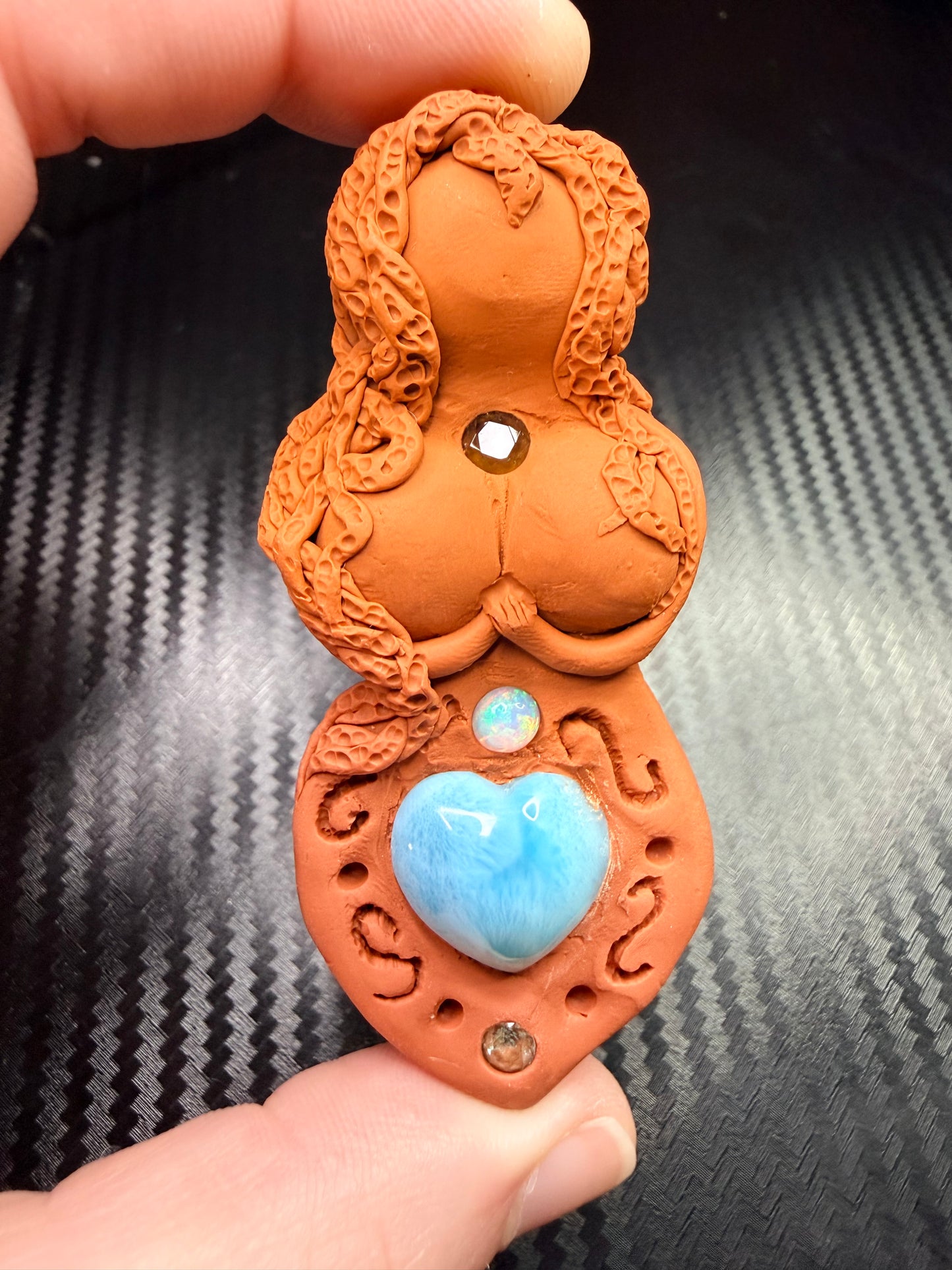 Goddess Talisman Necklace | Larimar, Opal, Moldavite & Blue Apatite | Divine Feminine Amulet | Handmade Clay Spiritual Jewelry | Chakra Healing Pendant