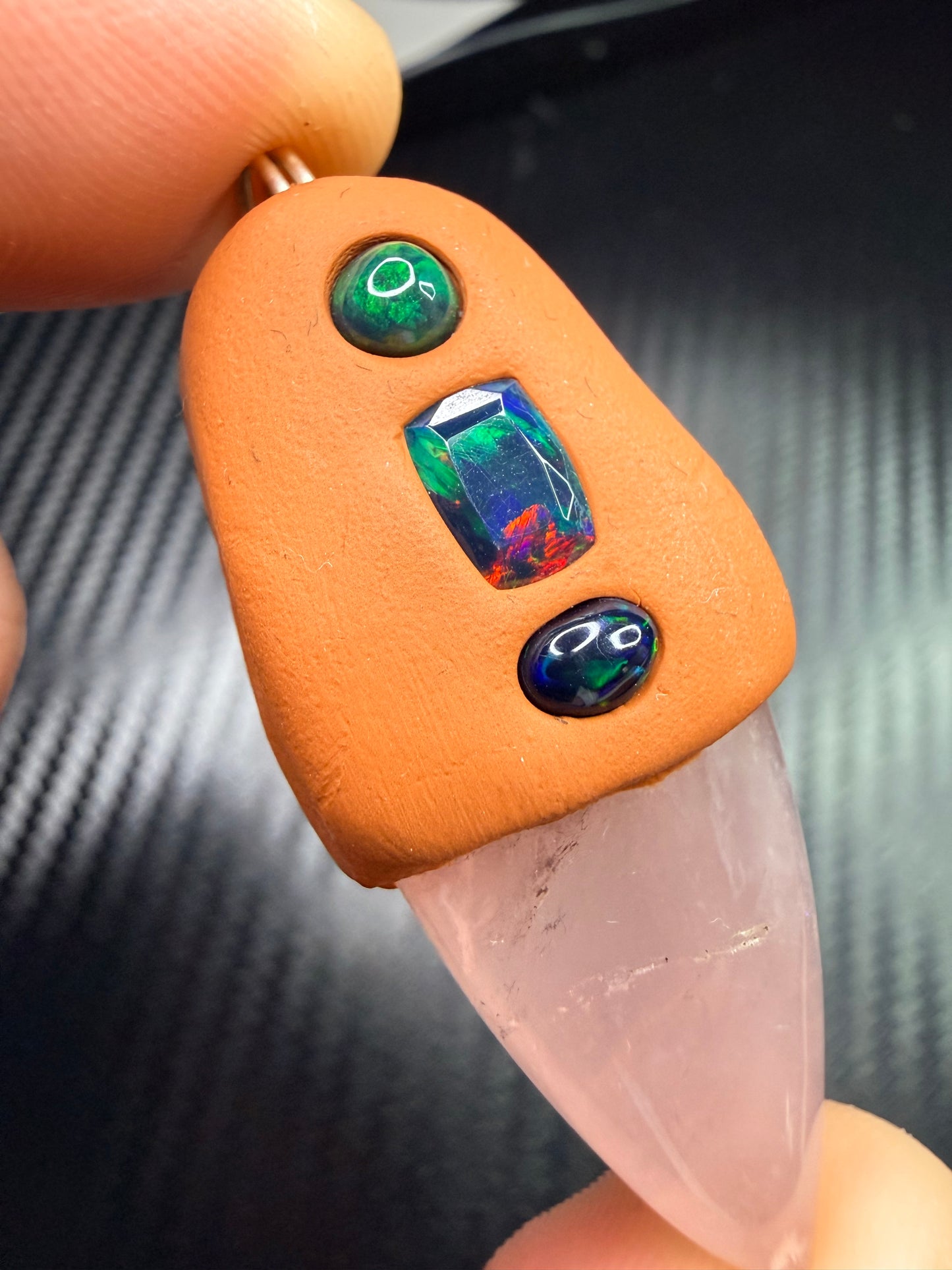 Rose Quartz & Ethiopian Opal Clay Talisman Pendant – Triple Opal Healing Amulet – Love, Light & Emotional Awakening