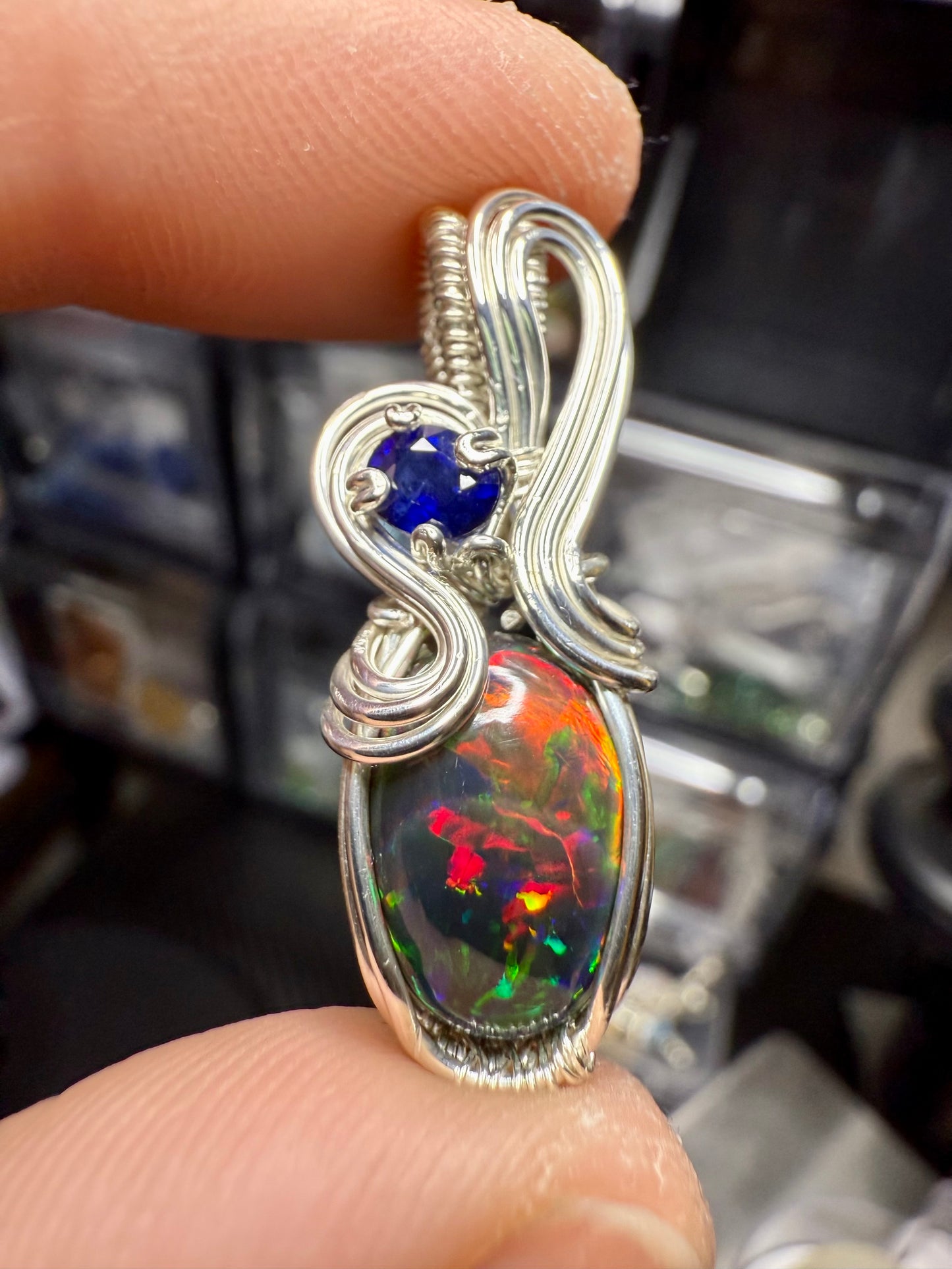 ZZ12) Opal & Sapphire Pendant in Sterling Silver