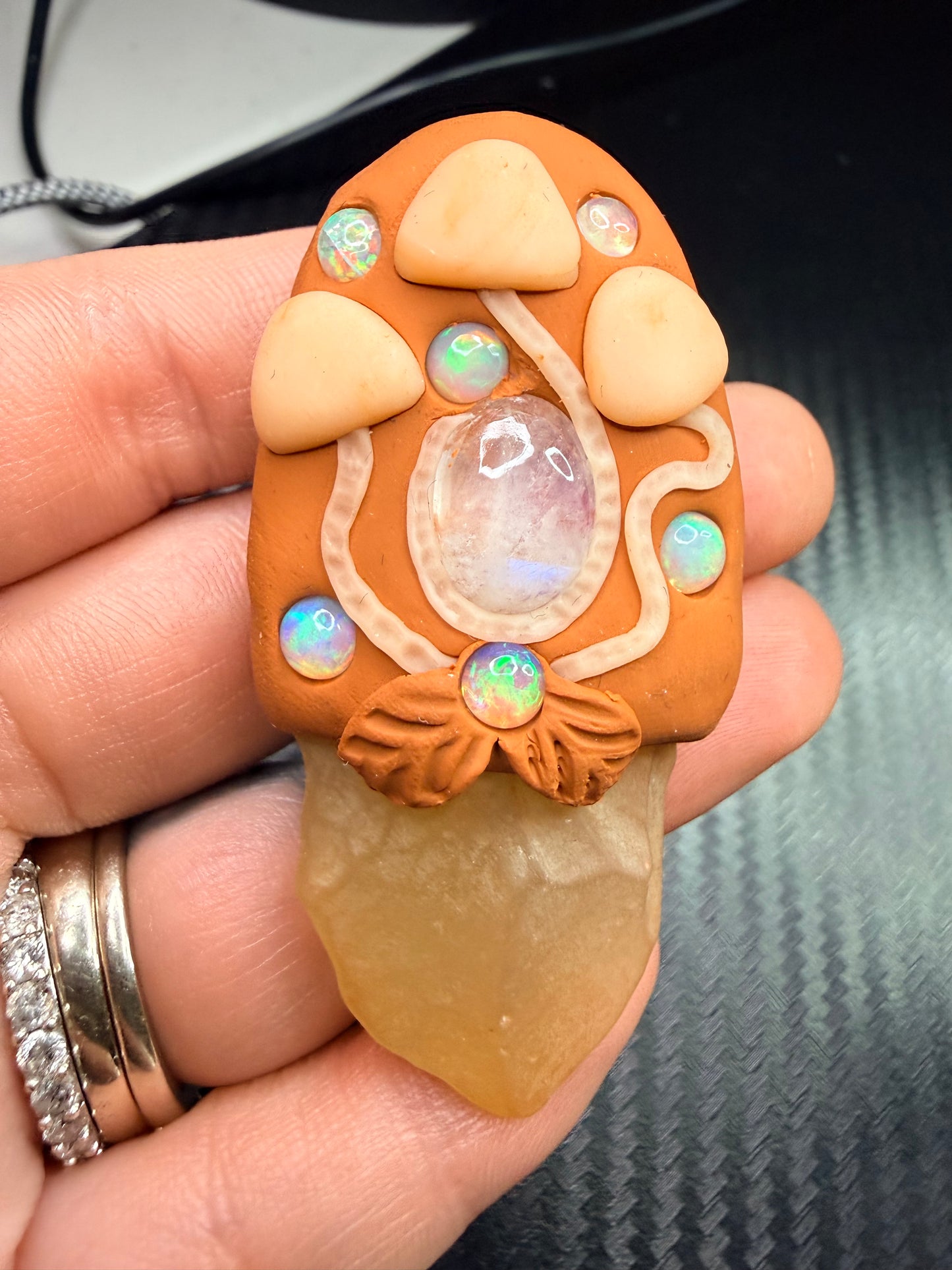 Libyan Desert Glass, Moonstone & Ethiopian Opal Clay Talisman – Handmade Spiritual Amulet – Solar Energy, Intuition & Divine Flow