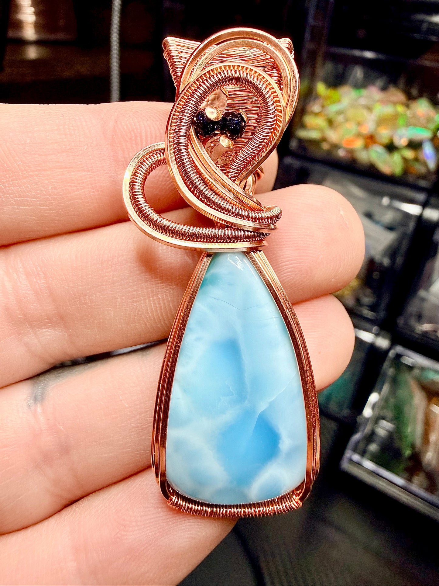 Larimar Pendant In Copper With Blue GoldStone & Clear Quartz Accents