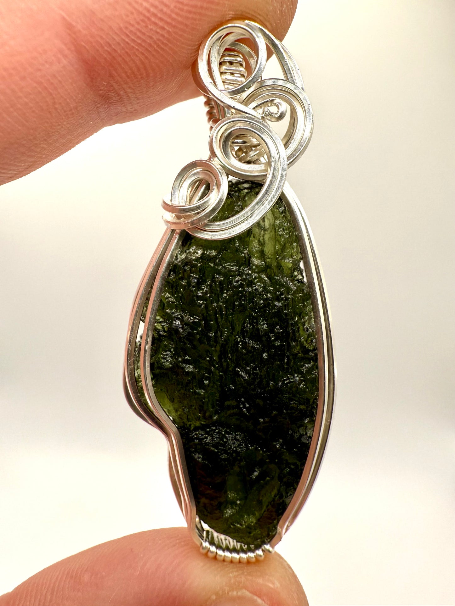 P112) Moldavite Pendant Necklace In Sterling Silver