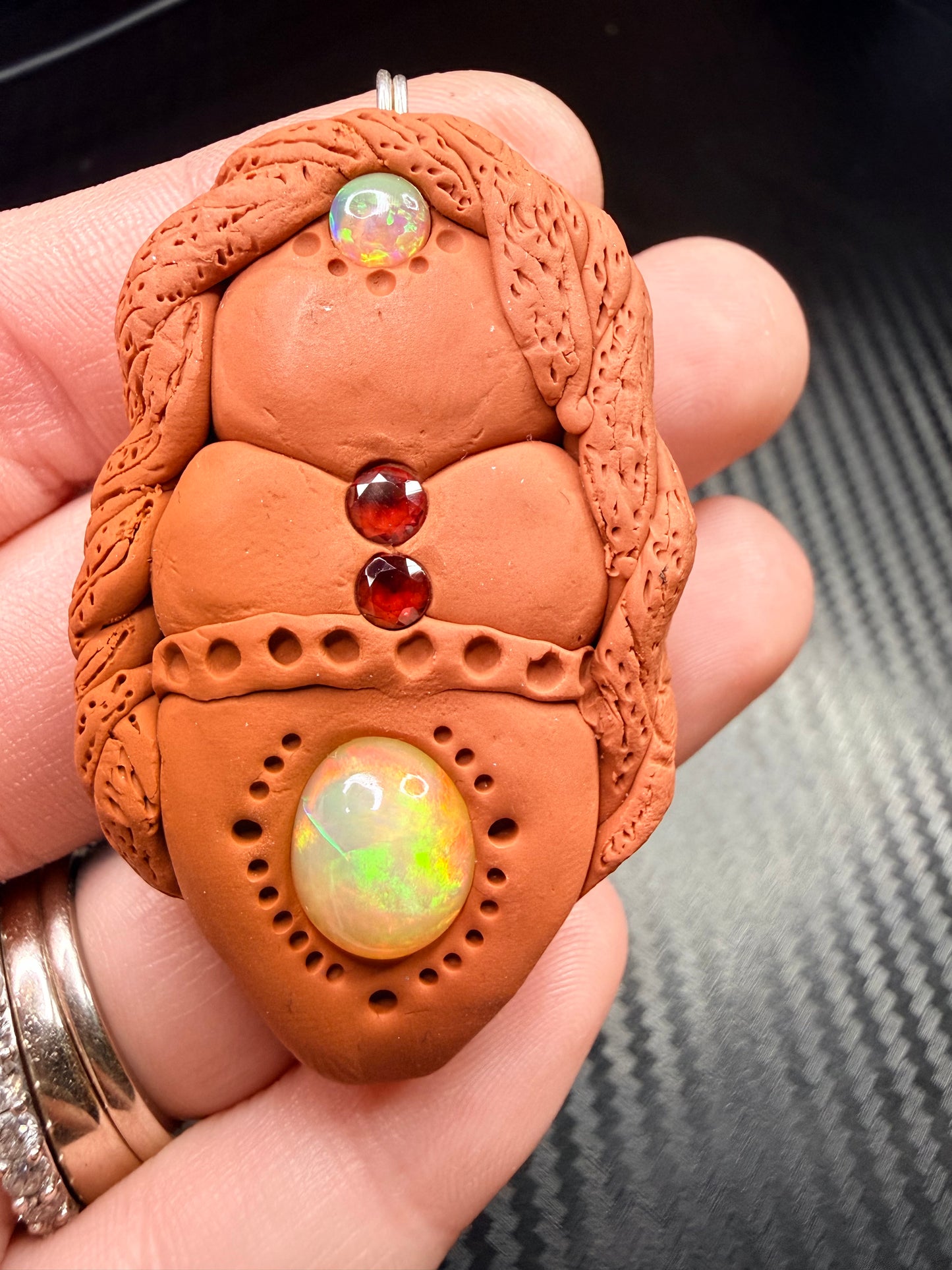 Goddess Talisman Necklace | Opal & Garnet Crystal Pendant | Divine Feminine Jewelry | Handmade Clay Spiritual Amulet | Passion & Heart Energy
