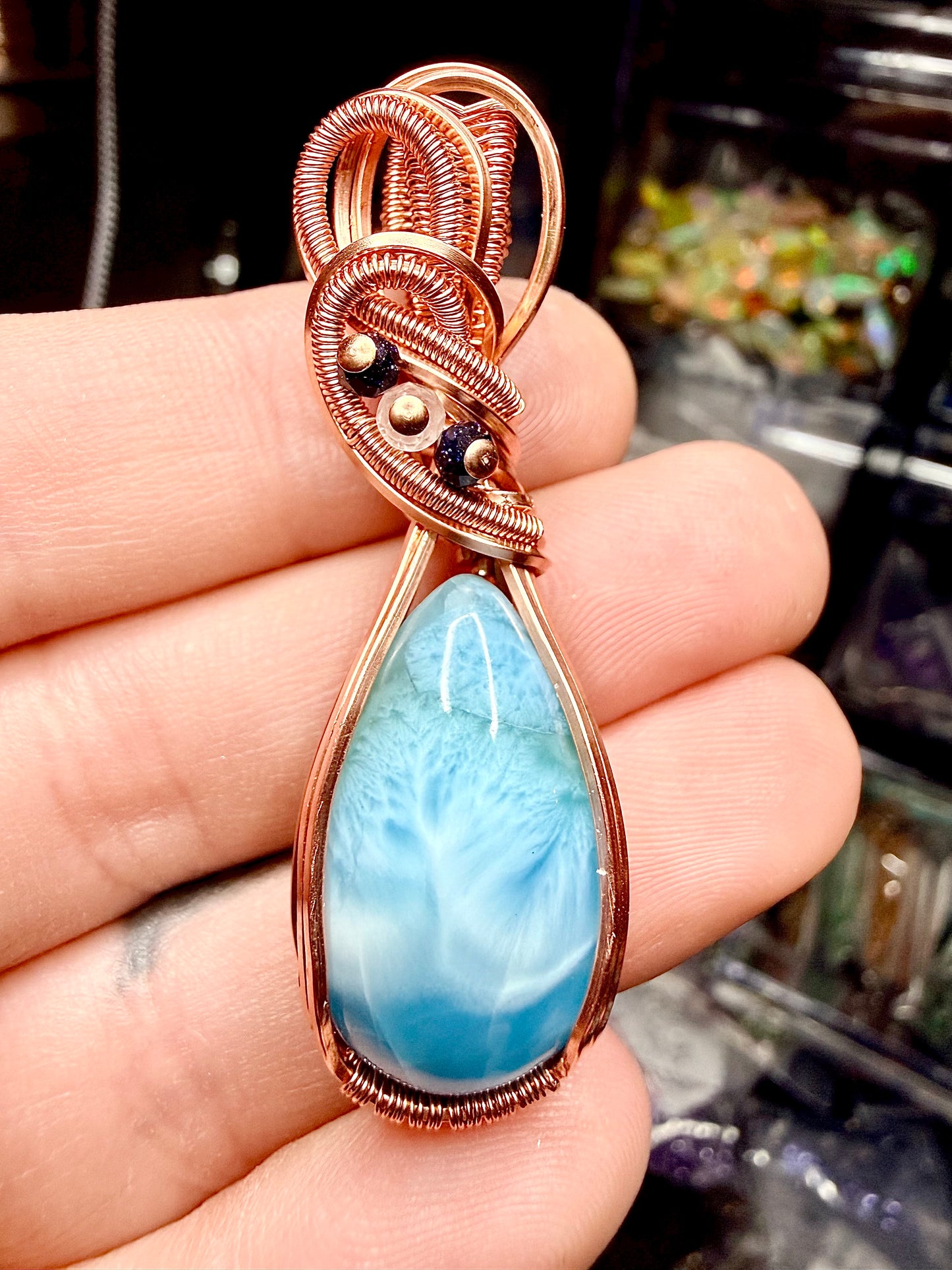 Larimar Pendant In Copper With Blue Goldstone & Clear Quartz Accents