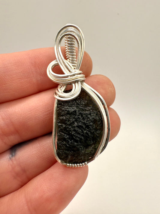 P112) Moldavite Pendant Necklace In Sterling Silver
