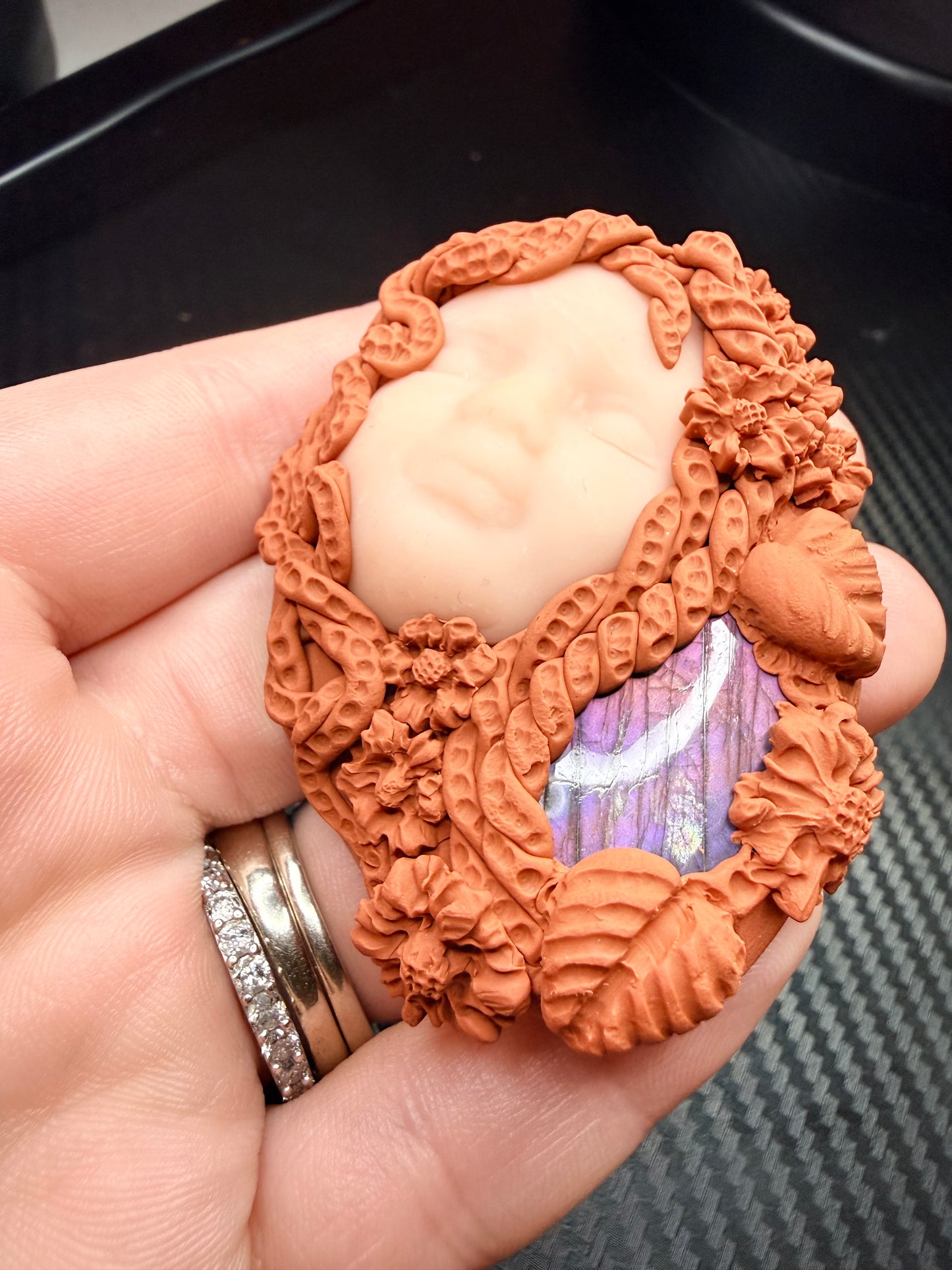 Labradorite Portal Mirror Talisman | Psychic Protection Amulet | Handmade Clay Spiritual Necklace | Third Eye Awakening | Mystical Energy Jewelry