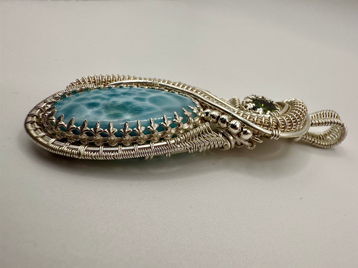 F112) Large Larimar & Green Mossanite Pendant Necklace In Sterling Silver