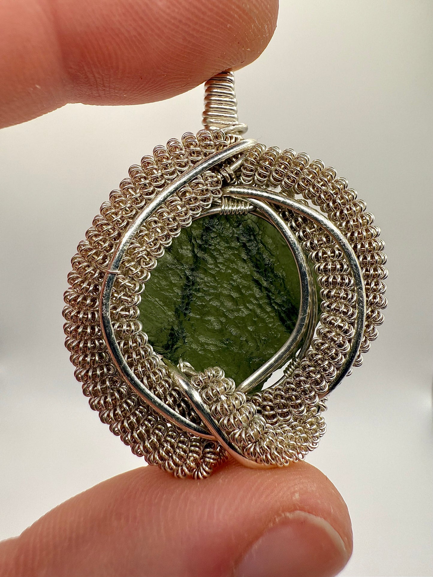 C11) Moldavite Pendant Necklace In Sterling Silver