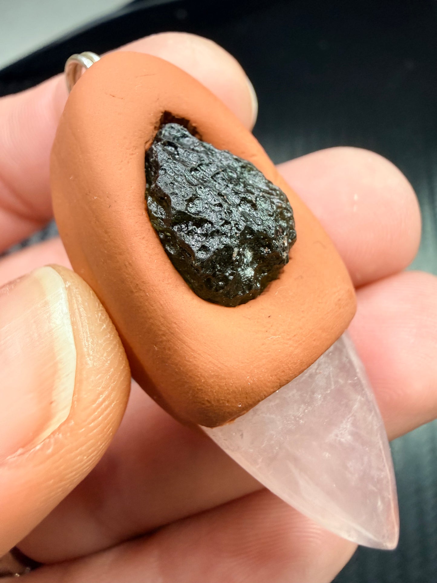 Rose Quartz & Moldavite Clay Talisman Pendant – Handmade Healing Amulet – Love & Transformation Energy