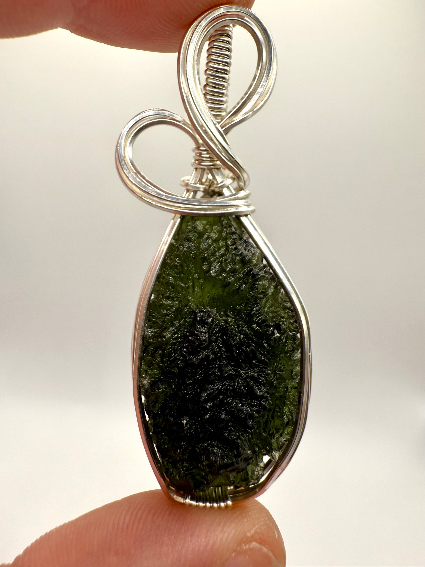 P112) Moldavite Pendant Necklace In Sterling Silver