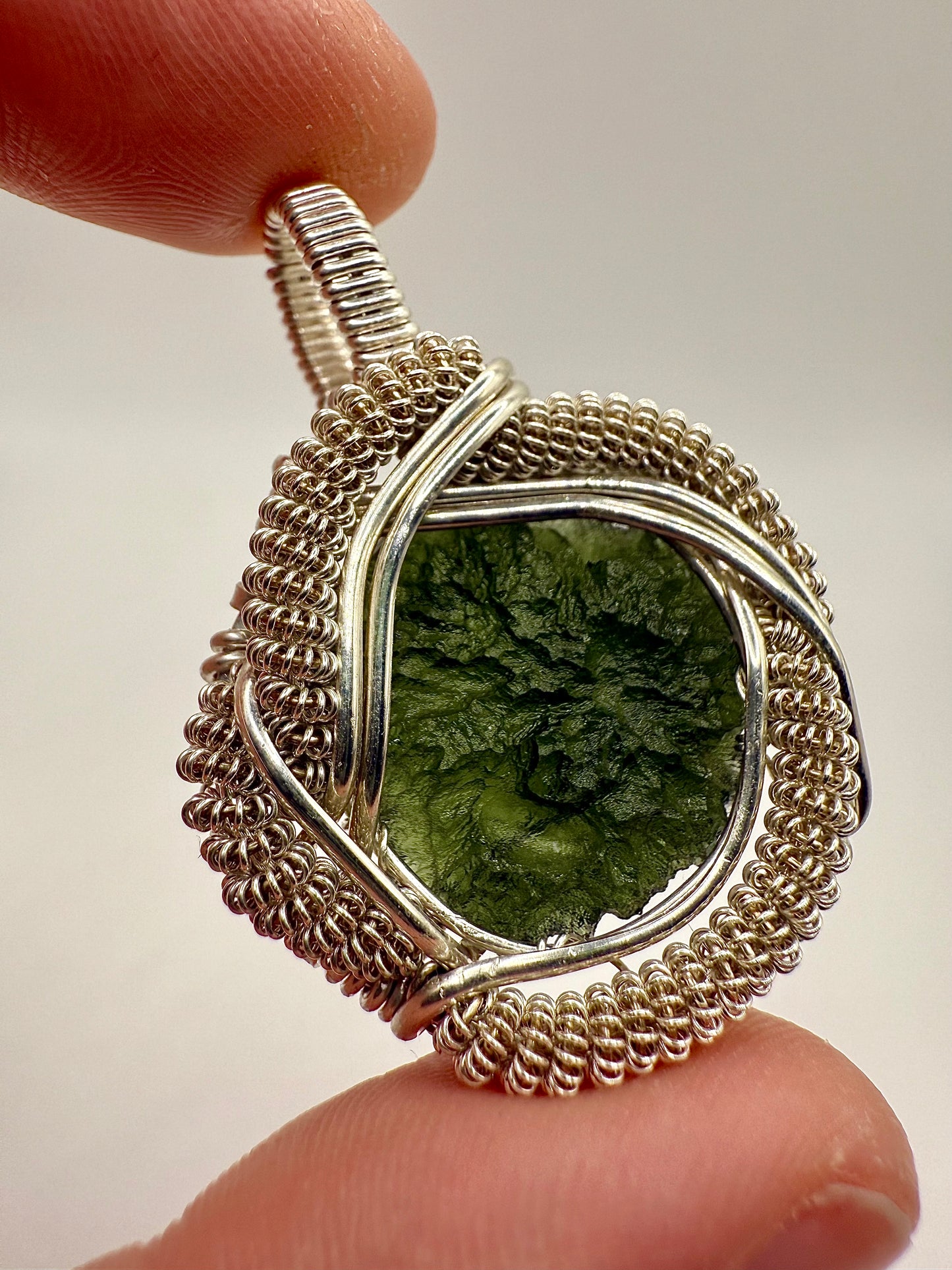 C112) Moldavite Pendant Necklace In Sterling Silver