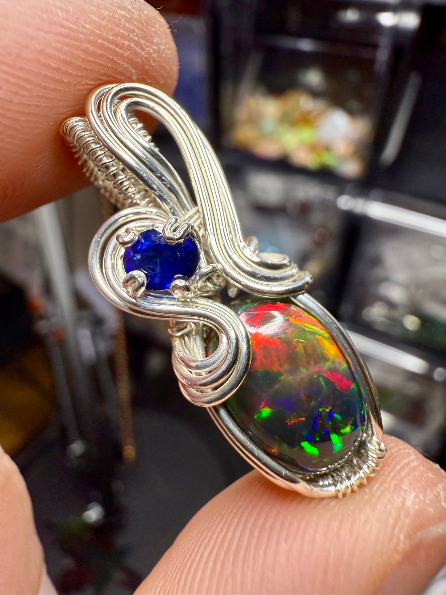ZZ12) Opal & Sapphire Pendant in Sterling Silver