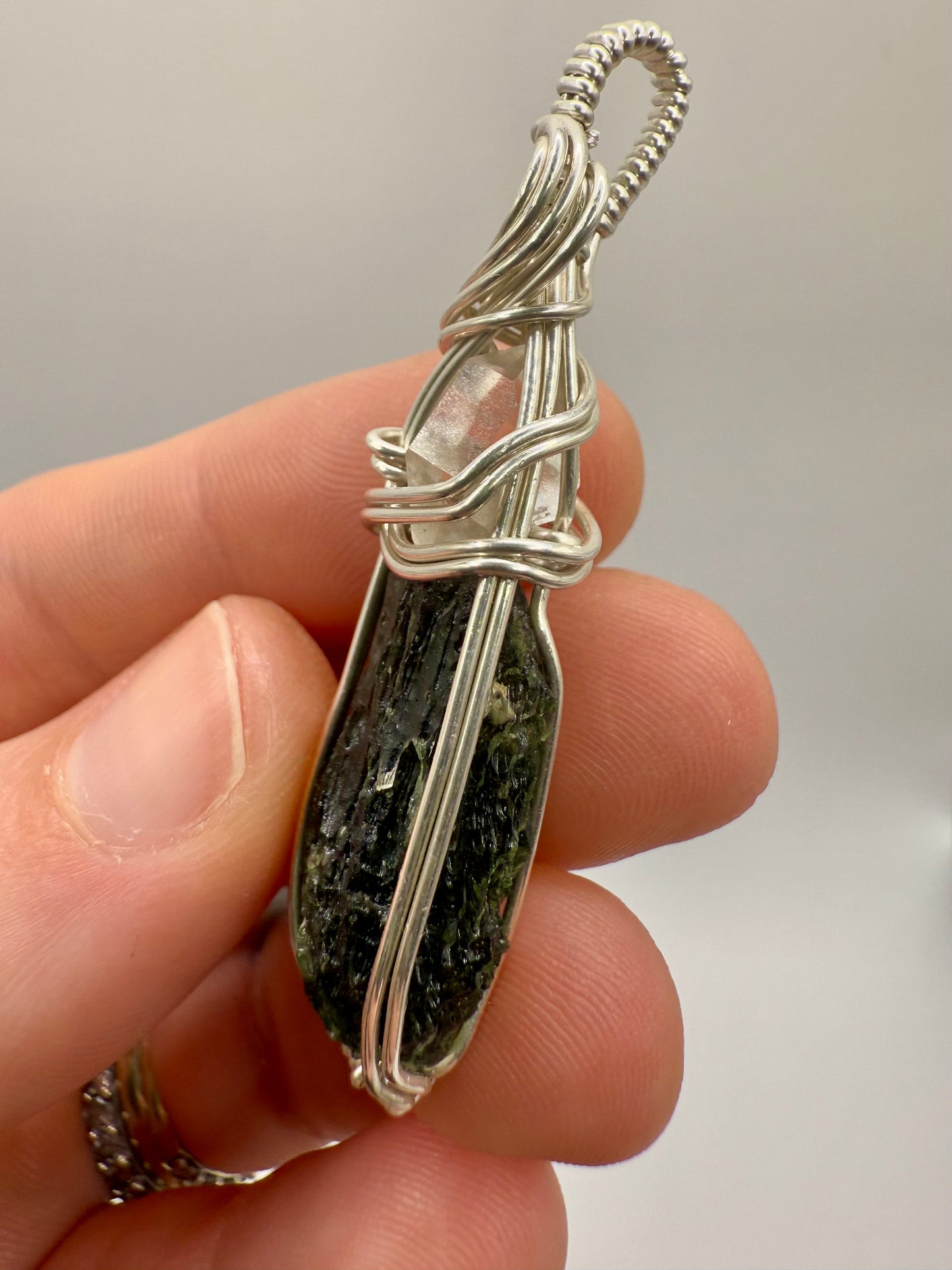 C11) Krasejovka Moldavite & Herkimer Diamond Pendant Necklace In Sterling Silver